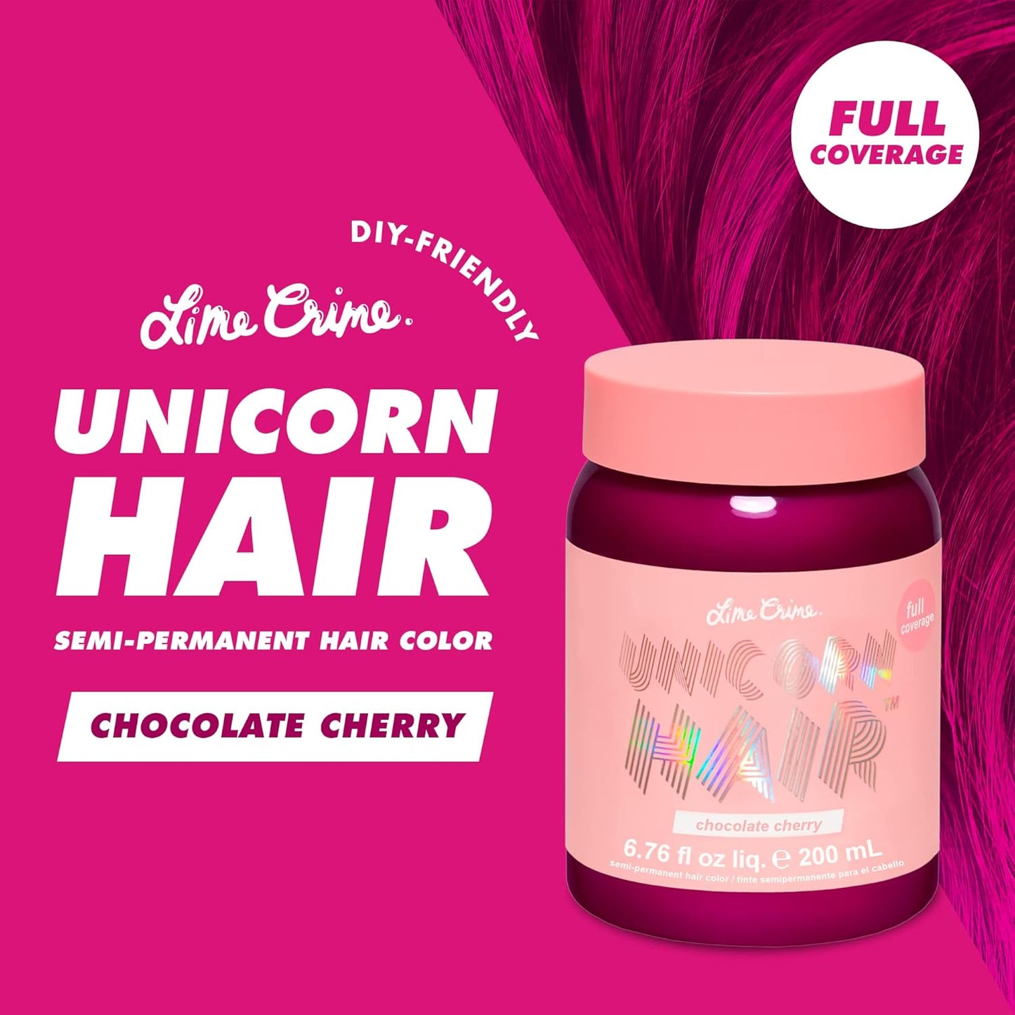 Lime Crime Full Coverage Unicorn Hair Dye, Chocolate Cherry - Damage-Free Semi-Permanent Hair Color Conditions & Moisturizes - Temporary Hair Tint Kit Has A Sugary Citrus Vanilla Scent - Vegan