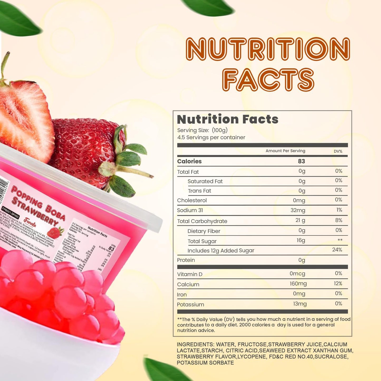 Fanale Strawberry Popping Boba Pearls, Vegan, Non GMO, Gluten Free, Fat Free, Perfect for Bubble Tea, Smoothies, Ice Cream, Desserts, and Beverages.