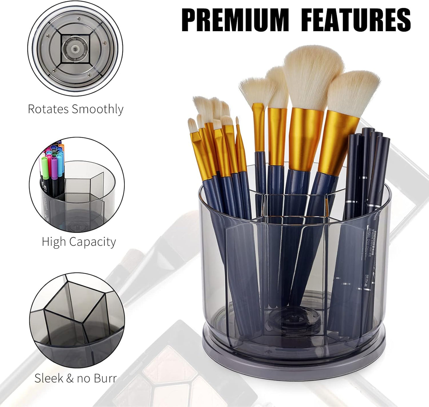 Makeup Brush Holder Organizer -Rotating 360° Clear Storage Cup Containers for Vanity, Desk, Countertop, Spinning Pen Holder for Desk, Round Make up Brush Stand with 5 Slots, for Cosmestics (Grey)