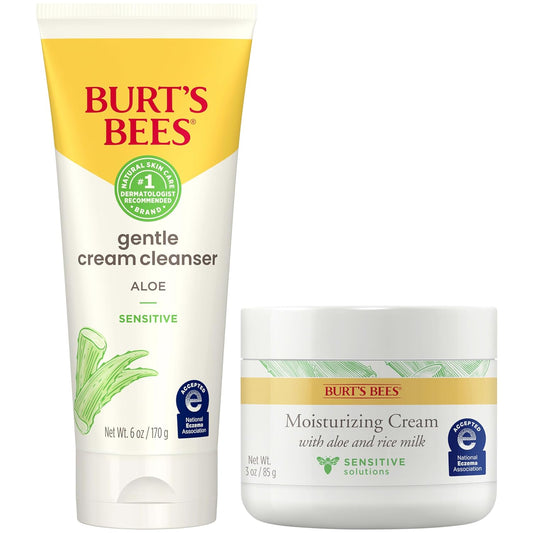 Burt’s Bees Sensitive Skin Bundle, Gentle Cream Facial Cleanser with Aloe and Moisturizing Face Cream with Aloe and Rice Milk, Natural Origin Skincare, 6 oz./3 oz.