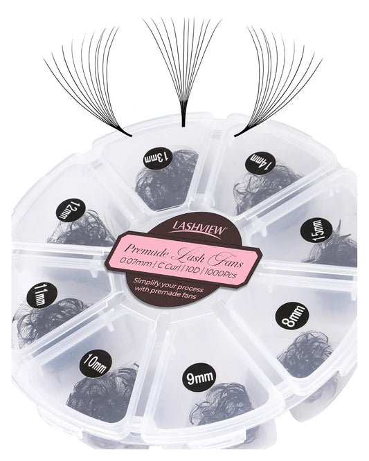 LASHVIEW 1000 Fans Premade Volume Eyelash Extensions Mixed Tray C Curl Pointed Handmade Loose Fans Thin Base (10D-0.07C,8-15mm)