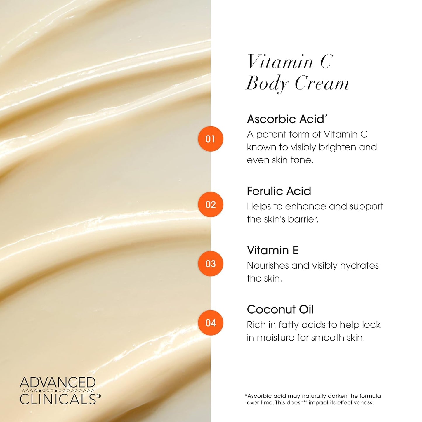 Advanced Clinicals Vitamin C Cream Visibly Brightening Body Lotion | Vitamin C Moisturizer Skin Care Body Cream For Women & Men Helps Visibly Improve Look Of Dark Spots & Uneven Skin Tone, 16 Ounce