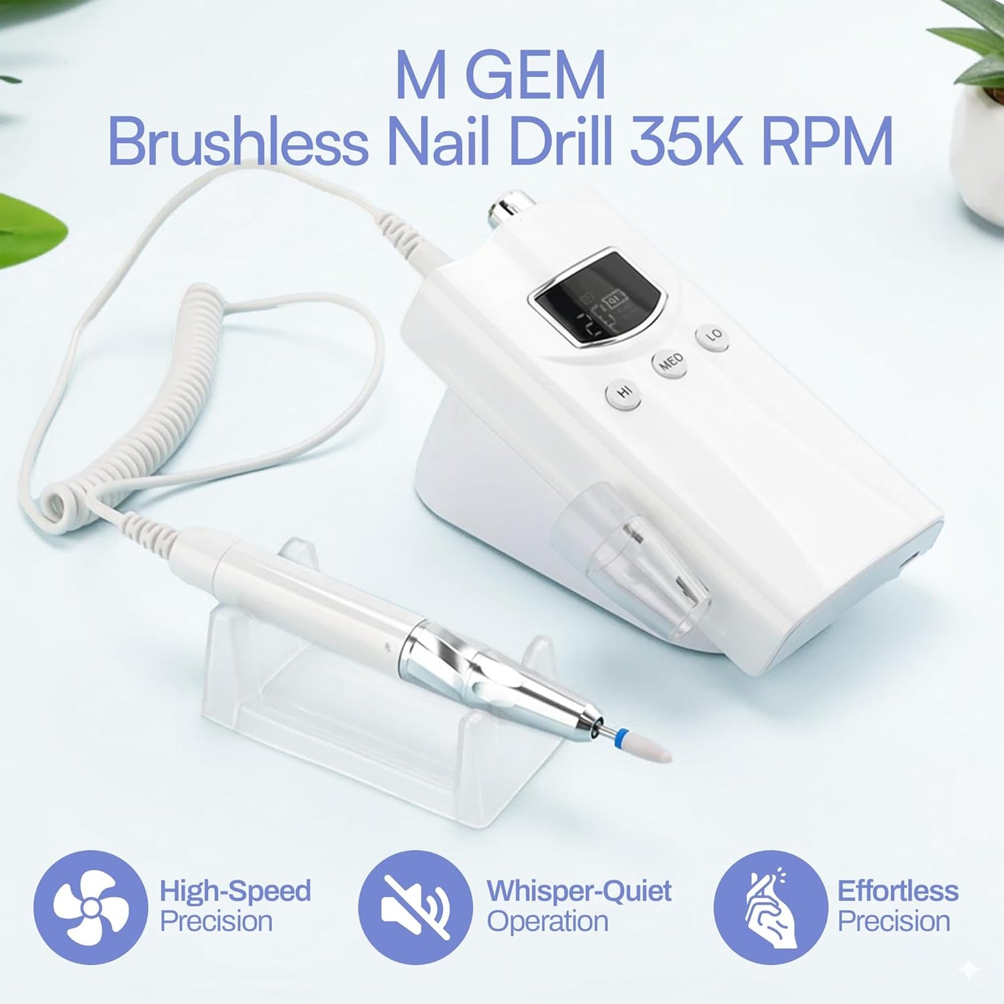 M GEM Brushless Nail Drill 35K RPM | Professional Cordless Efile Machine | Rechargeable Electric Nail File with Bits | Portable Quiet Low Vibration Tool for Acrylic, Gel, Natural Nails (Teal)