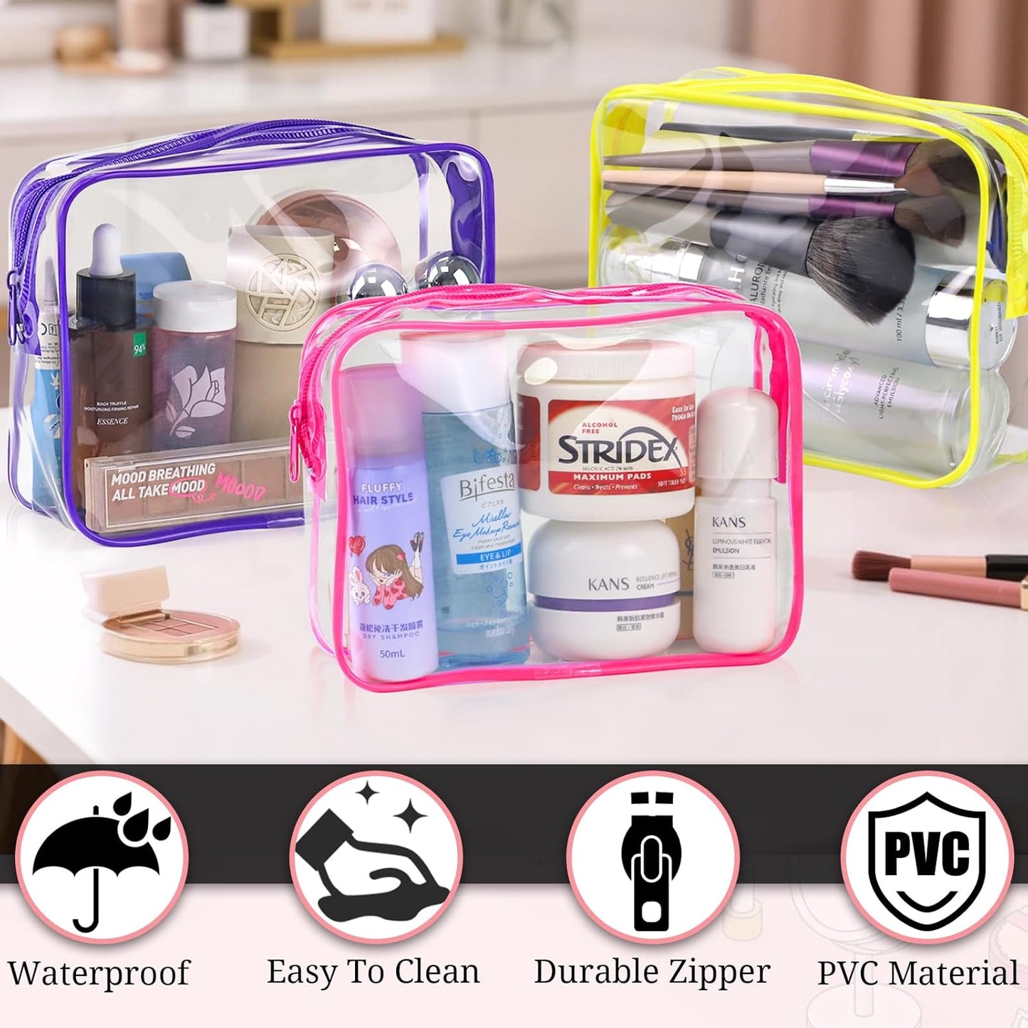 6 Pieces Clear Makeup Bags Bulk TSA Approved Toiletry Bag for Travel PVC Waterproof Clear Cosmetic Pouch with Zipper for Men and Women Carry-on Travel Essentials