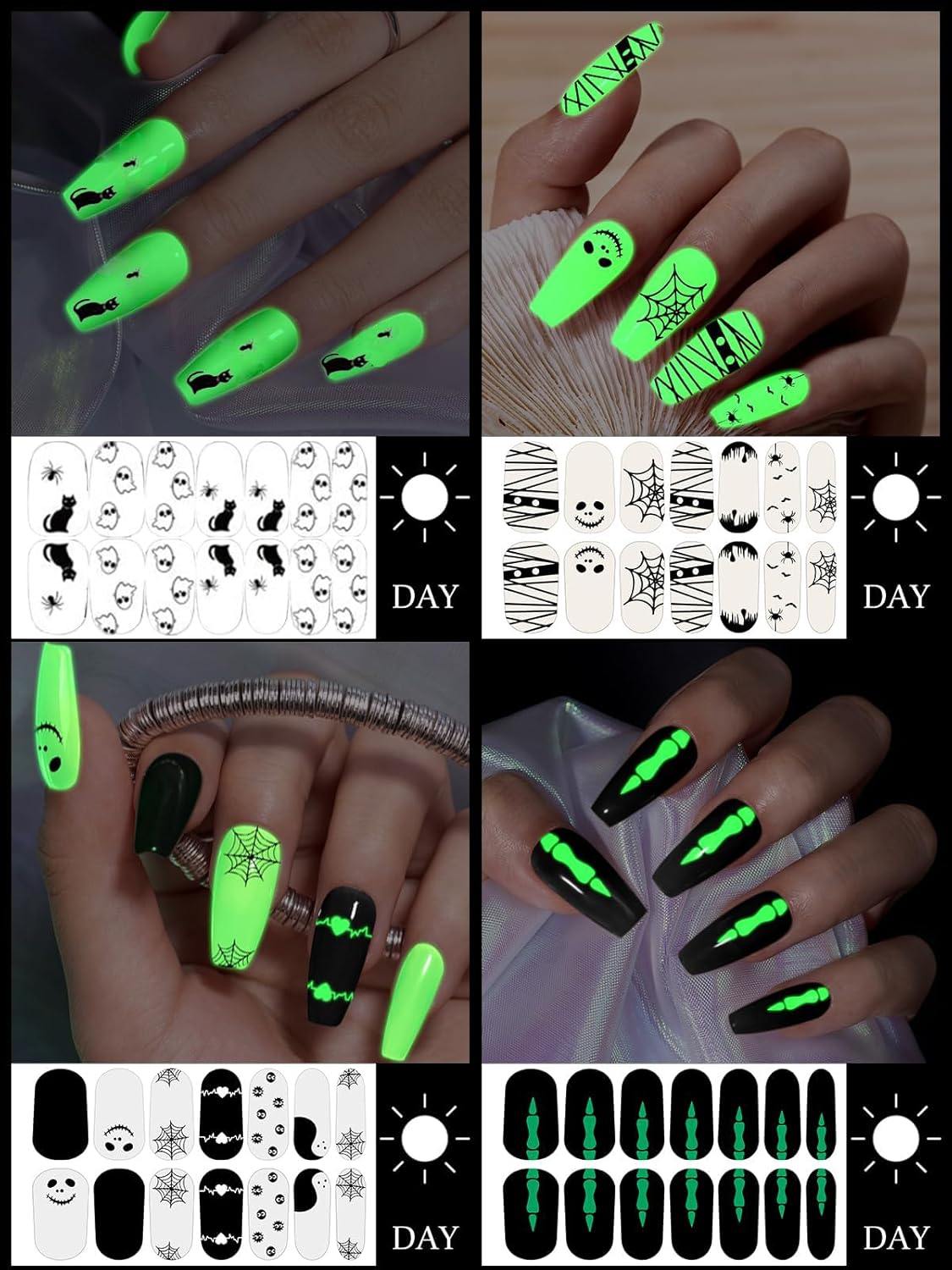 EBANKU 14 Sheets Halloween Full Wrap Adhesive Nail Polish Stickers Glow in The Dark, Cute Ghost Bats Spider Webs Skeleton Nail Strips Wraps with Nail File for Party Decor