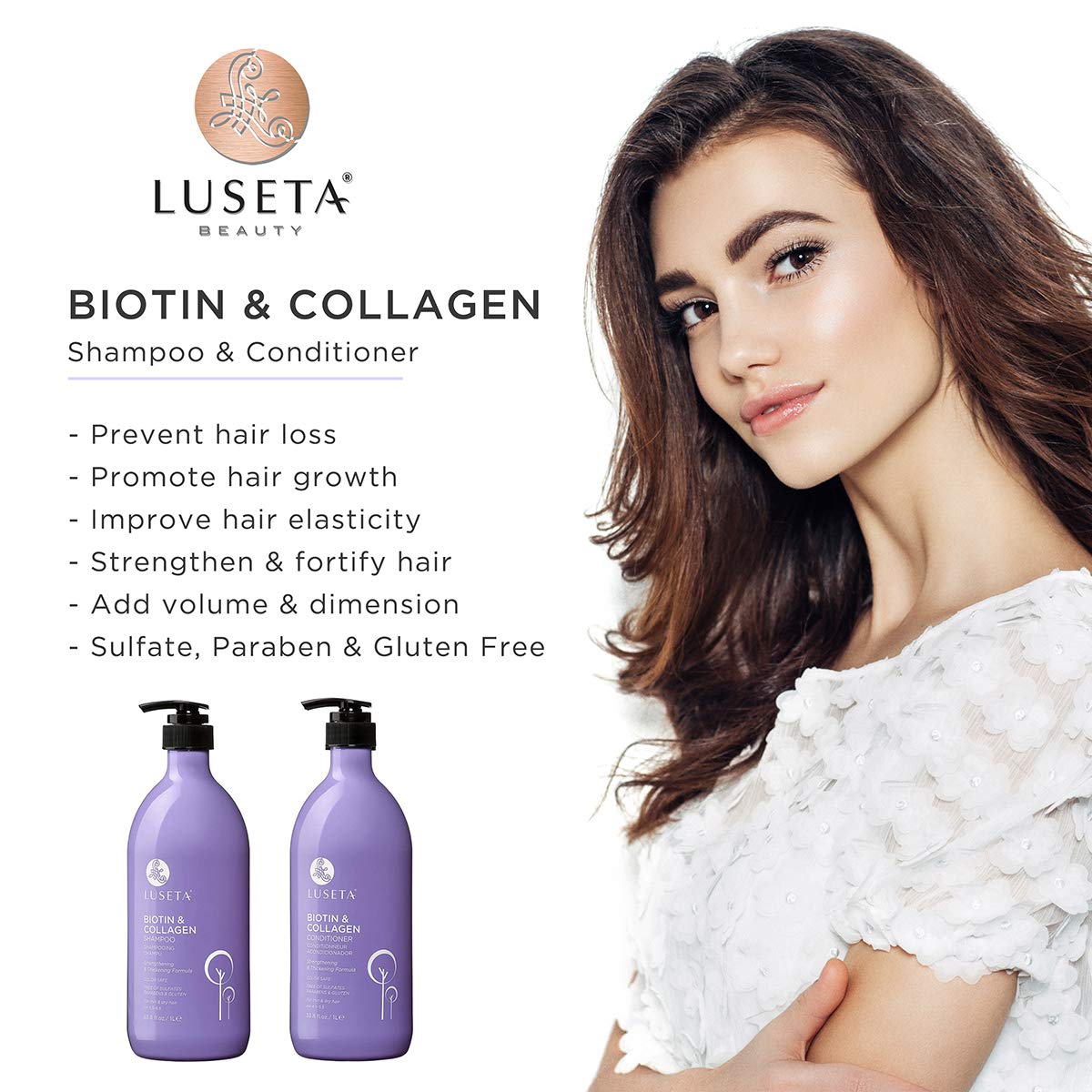 L LUSETA Biotin & Collagen Shampoo & Conditioner Set (2 x 33.8oz) - Thickening for Hair Growth, Infused with Argan Oil to Repair Dry, Damaged Hair