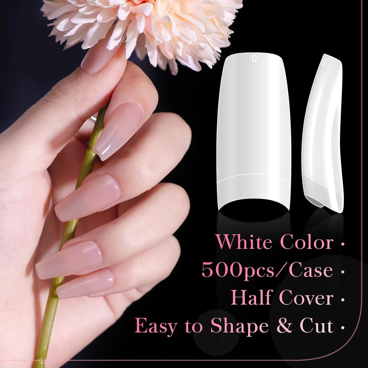 krofaue 500PCS False Nails Tips Lady French Style Acrylic Artificial Tip Manicure Half Cover with Box of 10 Sizes for Nail Tips Art Salons and Home DIY (White)