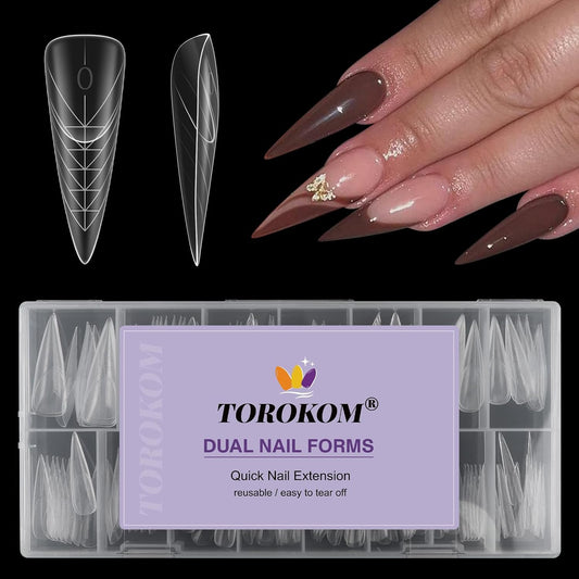 TOROKOM 150Pcs Poly Extension Gel Dual Nail Forms Clear Nail Forms Full Stiletto Nail Molds 15 Sizes for Gel Manicure Nail Art Design Salon&DIY