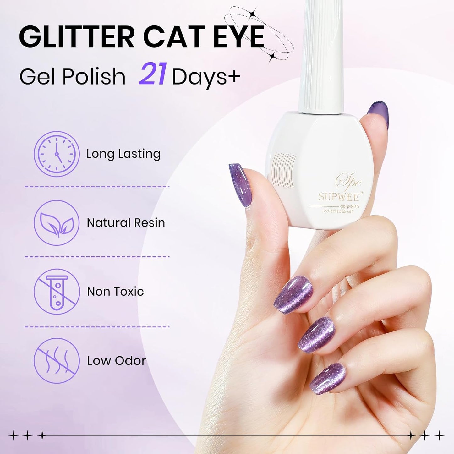 Purple Cat Eye Gel Polish, 15ML Glitter Crystal Cateye Gel Nail Polish Magnetic Reflective Effect with Magnet Soak Off Salon DIY at Home