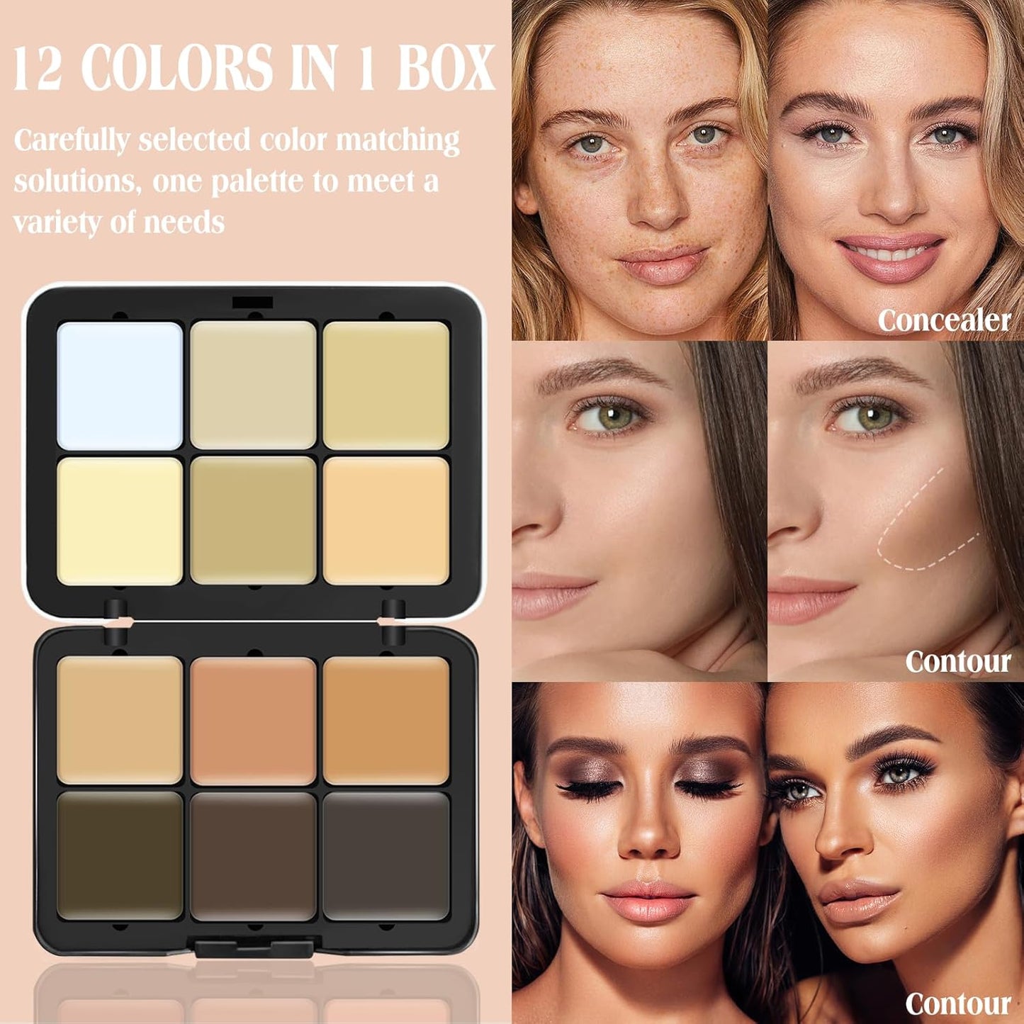 12 Colors Cream [Contour+Concealer] Makeup Palette for Cheeks - Multi-functional Makeup Palette with Brush, Natural Matte Long Wearing, Waterproof Blendable Face Makeup Palette (#03)