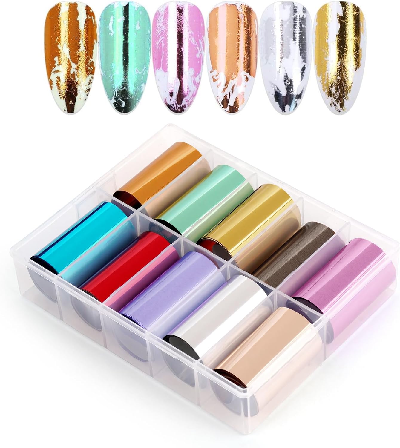 10 Sheets Holographic Nail Art Foil Transfer Stickers - Metallic Color Print Nail Decals 3D Self-Adhesive Stickers DIY Manicure Decoration Kit