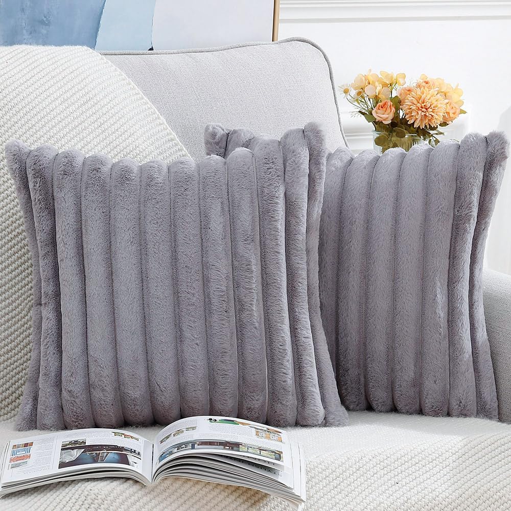 MADIZZ Set of 2 Faux Wool Plush Decorative Throw Pillow Covers 22x22 Inch Grey Fluffy Striped Soft Decorative Cushion Cover for Sofa Bedroom Pillow Shell