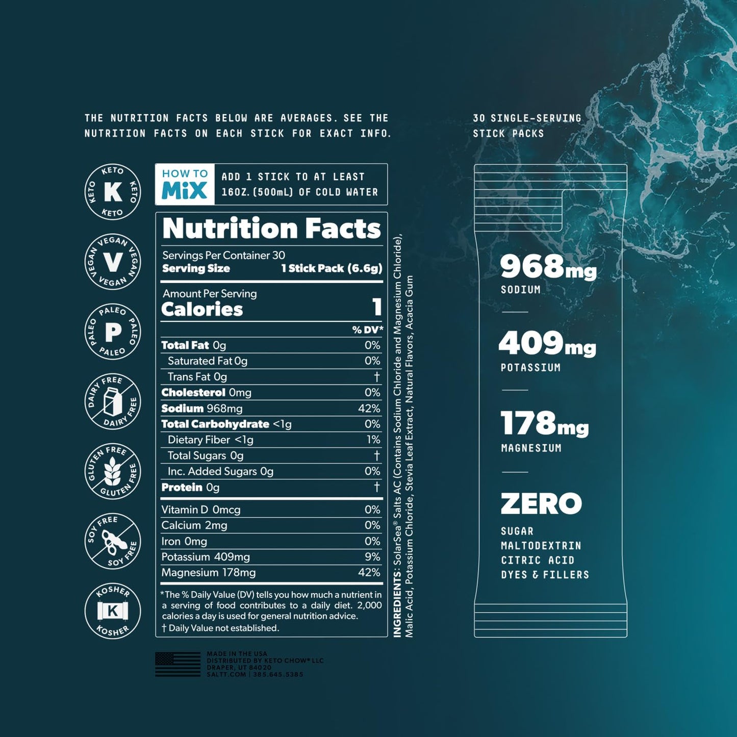 Keto Chow SALTT Electrolytes Powder Packets, Ultra Variety Pack (30 Packets) - Magnesium, Potassium, Sodium, Trace Minerals - Vegan, Sugar Free, Gluten Free - Travel Essentials - Made in USA
