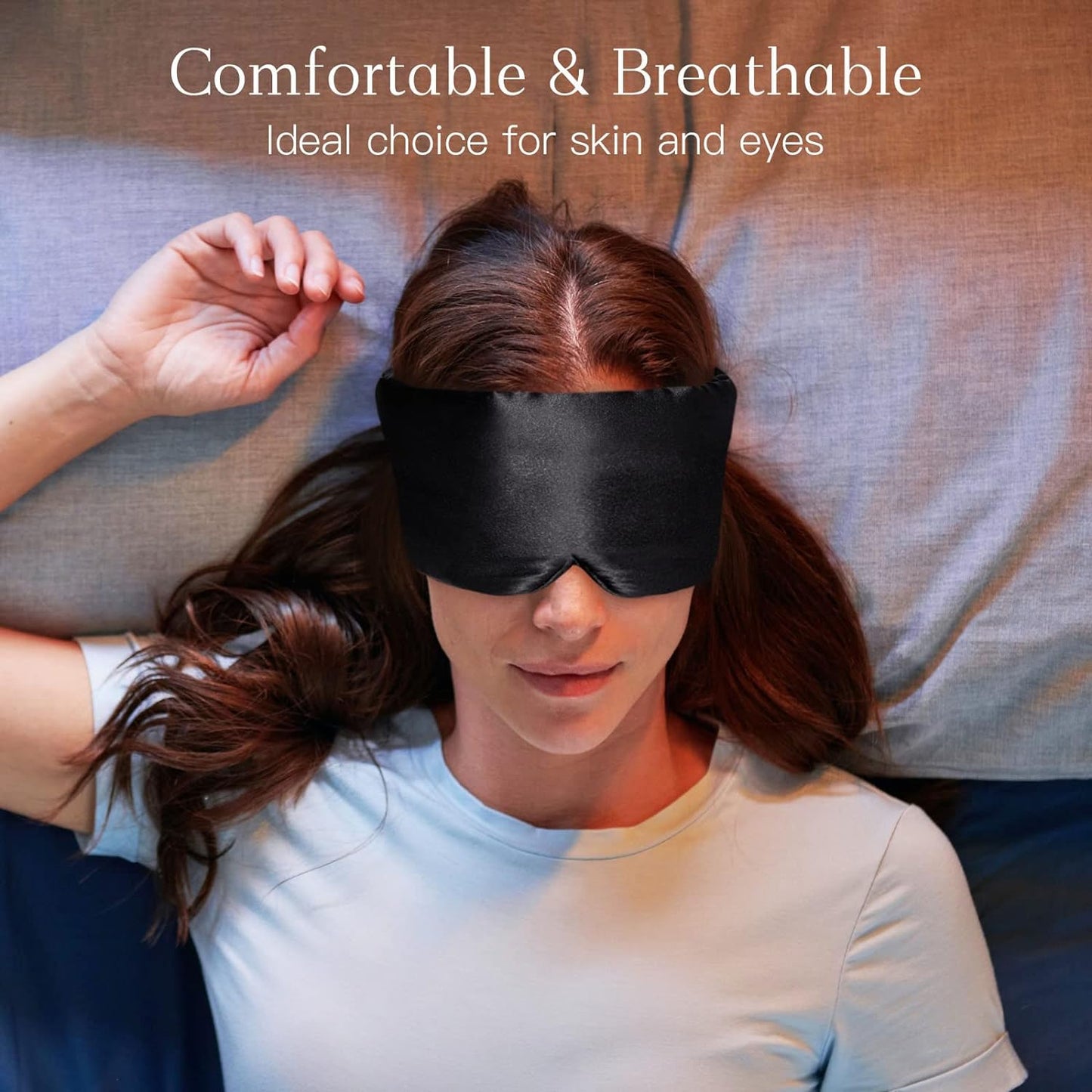 100% Natural Silk Eye Mask for Women Men, Soft Pressureless Cooling Blackout Eye Covers for Sleeping, Large Size Sleep Mask fits All Heads Adjustable, 1PC, Black