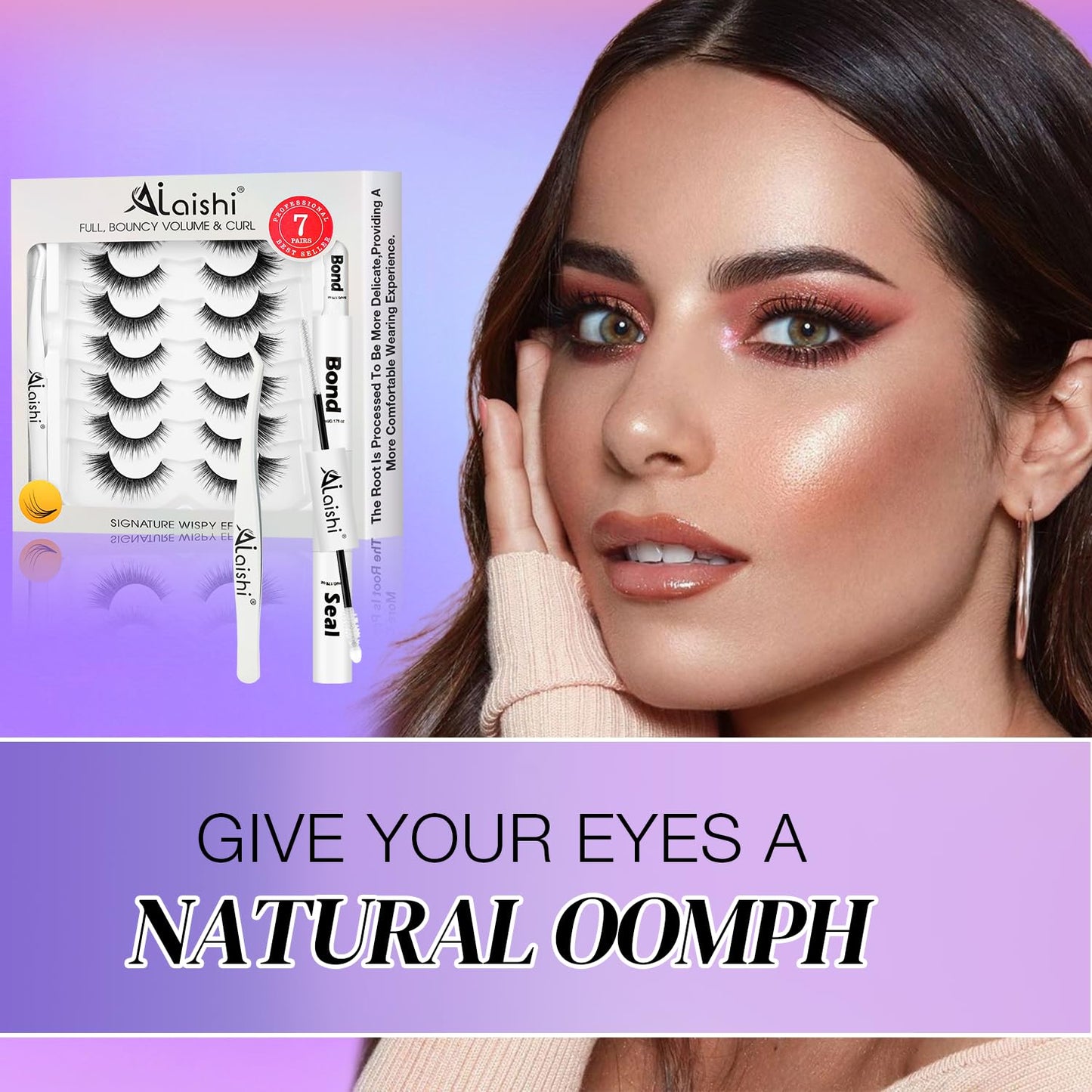 Wispy False Eyelashes Kit With Bond, Seal and Tweezer, 7 Pairs Natural Look Fake Cat Eye Lashes Strips Thin Band Extensions Waterproof Easy Eyelashes for Beginners RQ10