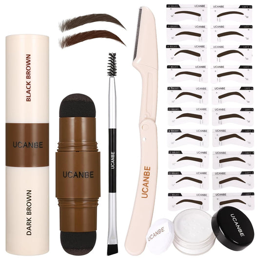 UCANBE 25PCS Eyebrow Stamp Stencil Kit With Dual-Color Eyebrow Stamp Pomade,20 Reusable Eyebrow Stencils,Finising Powder,Brush,Eyebrow Razor,Zipper Pouch,Waterproof Eye Brow Stamping and Shaping Kit04