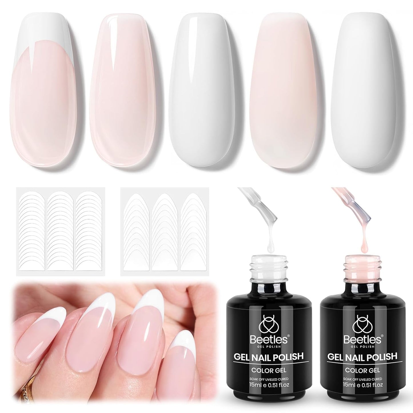 Beetles French Manicure Kit - White Nude Pink Gel Nail Polish Soak Off UV LED French Tip Gel Polish with 2 French Manicure Nail Art Sticker Sheets, Classic French Nail Kit for DIY at Home or Salon