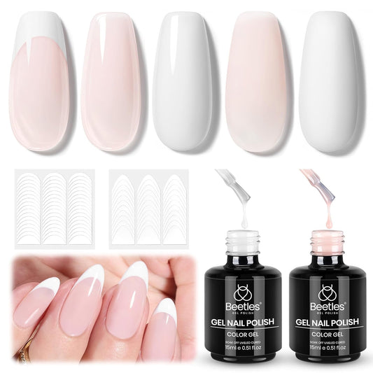Beetles French Manicure Kit - White Nude Pink Gel Nail Polish Soak Off UV LED French Tip Gel Polish with 2 French Manicure Nail Art Sticker Sheets, Classic French Nail Kit for DIY at Home or Salon
