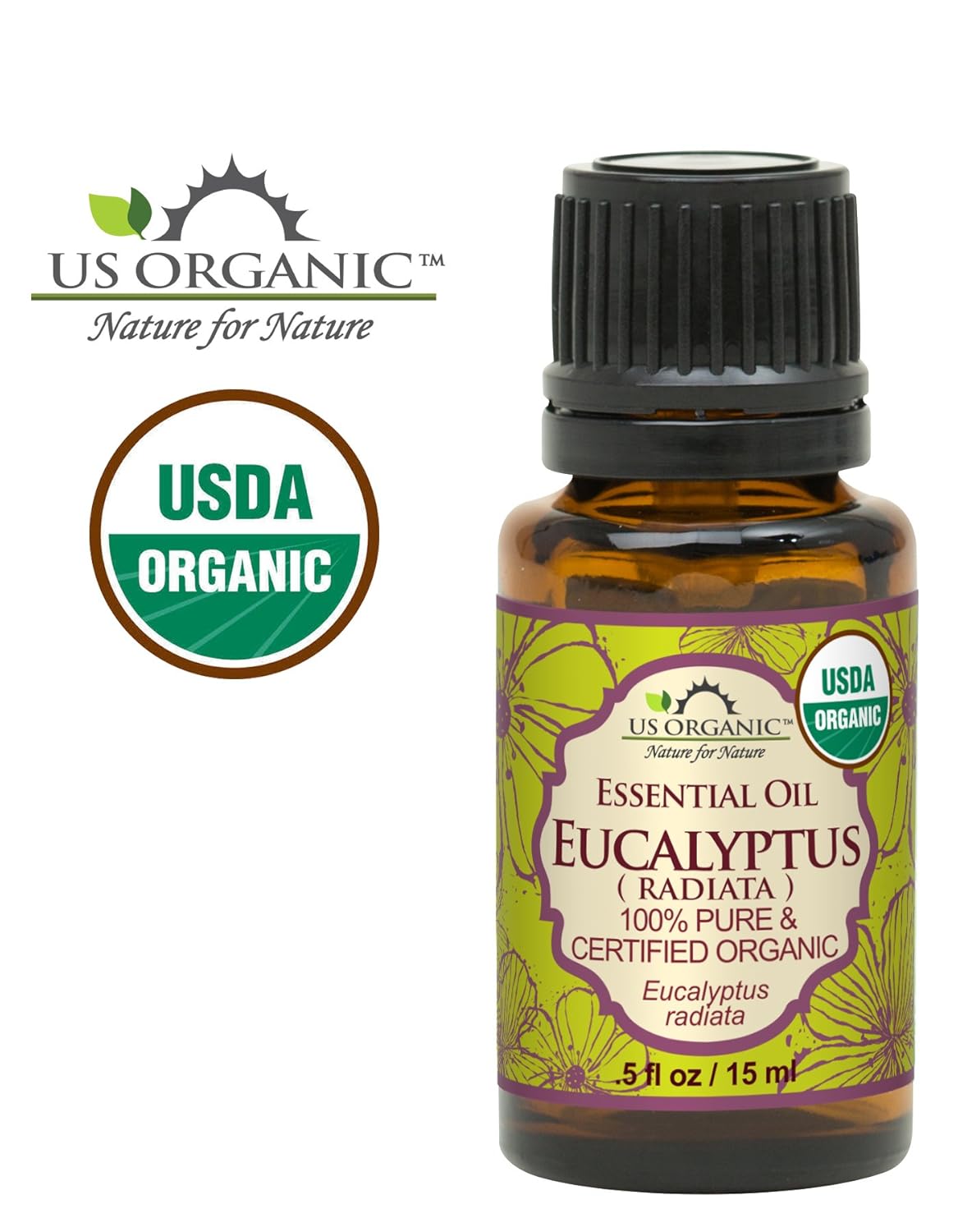 US Organic 100% Pure Eucalyptus Essential Oil (Radiata) - USDA Certified Organic, Steam Distilled - W/Euro droppers (More Size Variations Available) (15 ml / .5 fl oz)