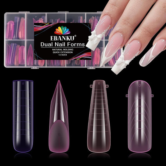 EBANKU Dual Nail Forms for Poly Extension Gel, 96 PCS Pink Nail Molds Reusable Nail Extension Forms for Builder Gel Manicure Design Salon DIY-12 Sizes
