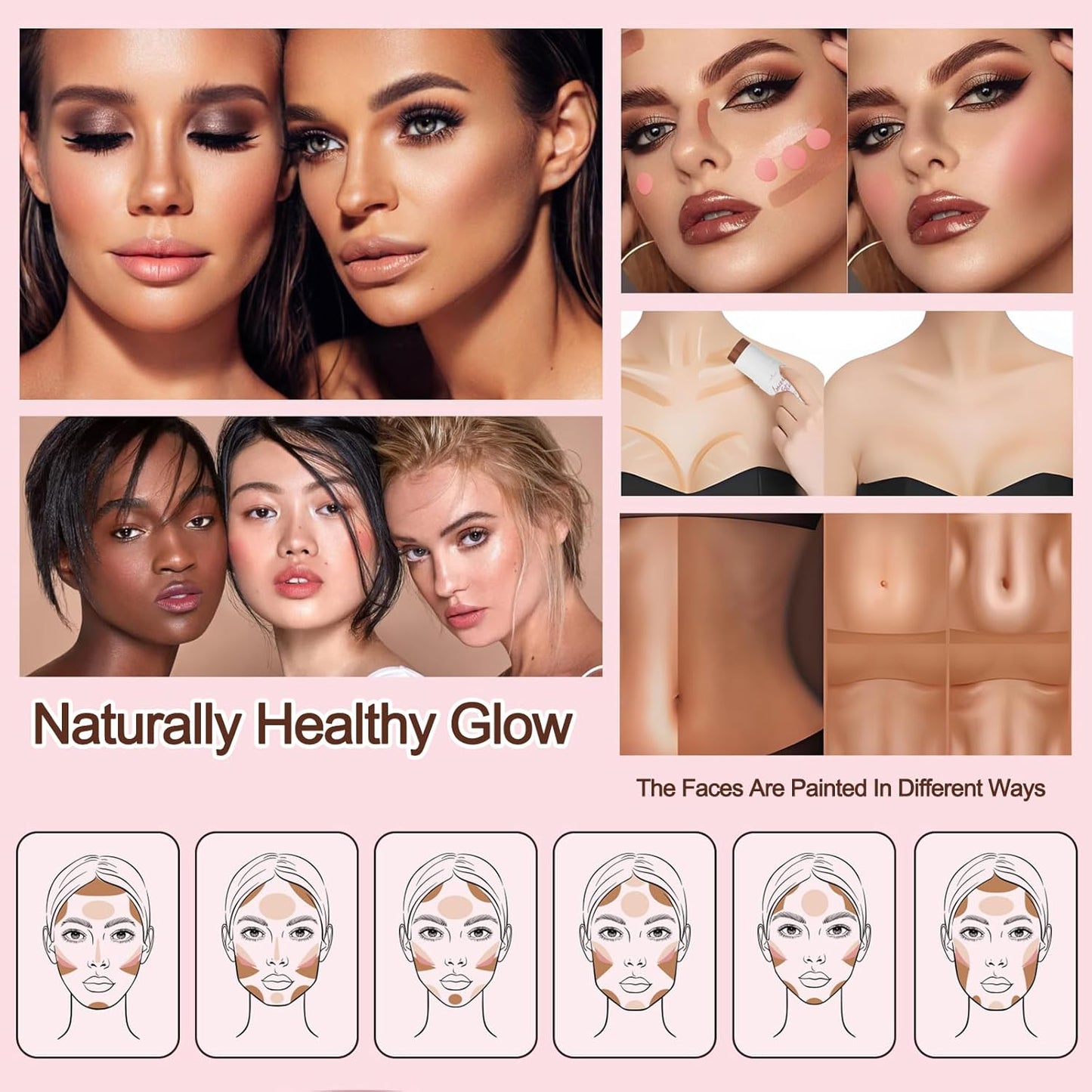 3 Pcs Cream Contour Stick Makeup Kit,Shades with Highlighter Stick,Blush Stick and Bronzer Contour Stick for Brightening and Trimming the Cheeks, Non-greasy, Waterproof Long-lasting Effect(#02,06,09)