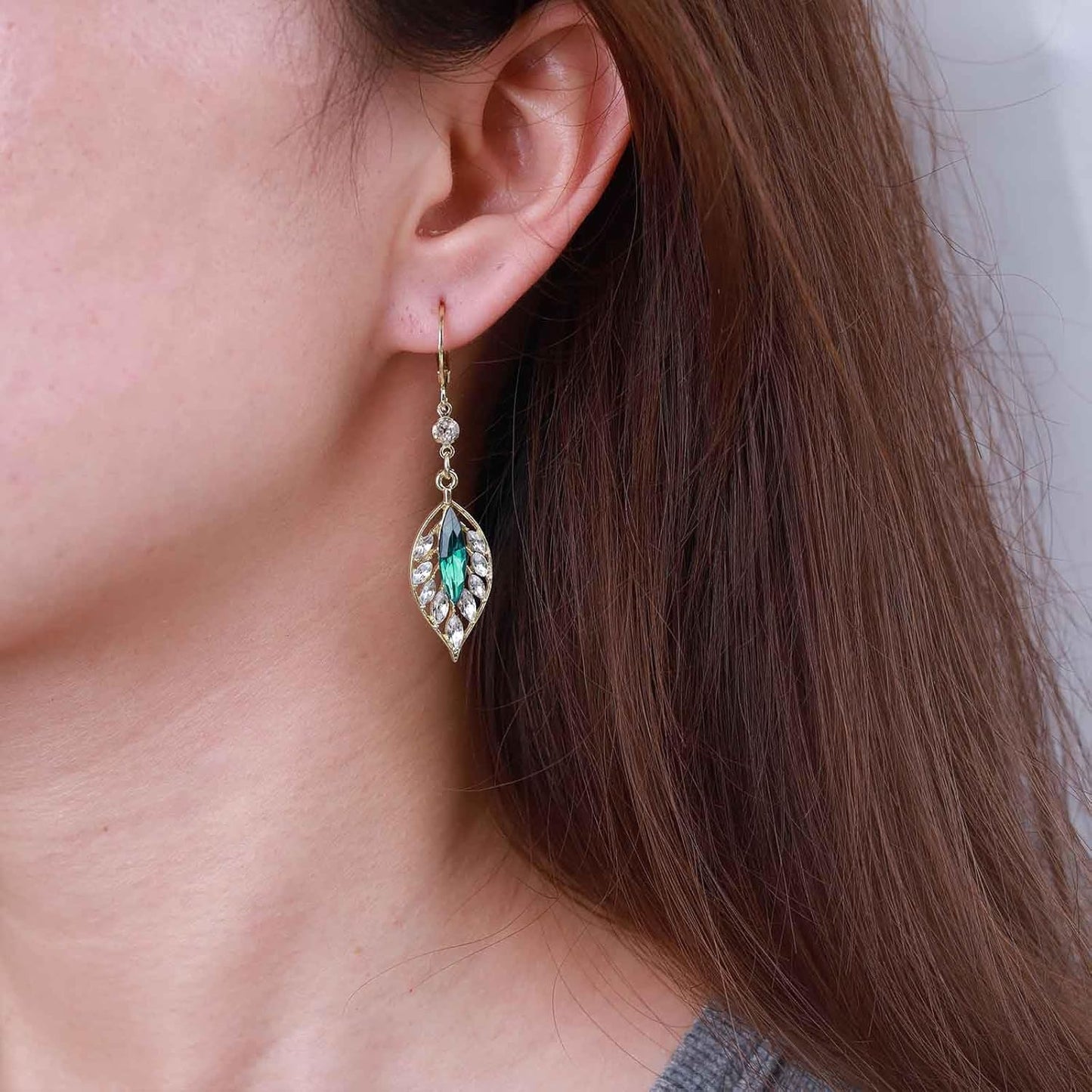 Vintage Crystal Emerald Leaf Dangle Earrings Green Rhinestone Leaf Drop Earrings Green Cz Leaf Earrings Crystal Leaf Hoop Earrings Jewelry for Women