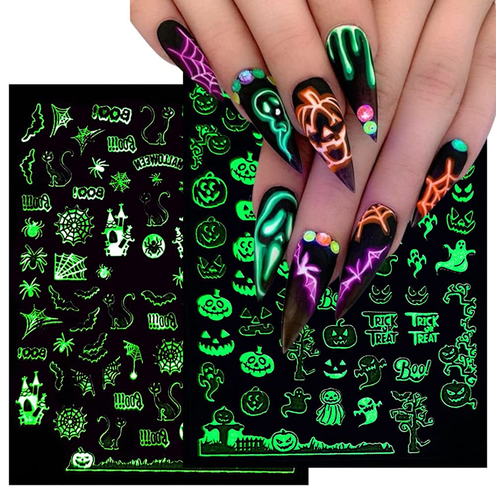 Luminous Nail Stickers - 3D Halloween Nail Art Designs - Skull, Ghost, Pumpkin, Spider, Bat Decals - Self-Adhesive, 6 Sheets