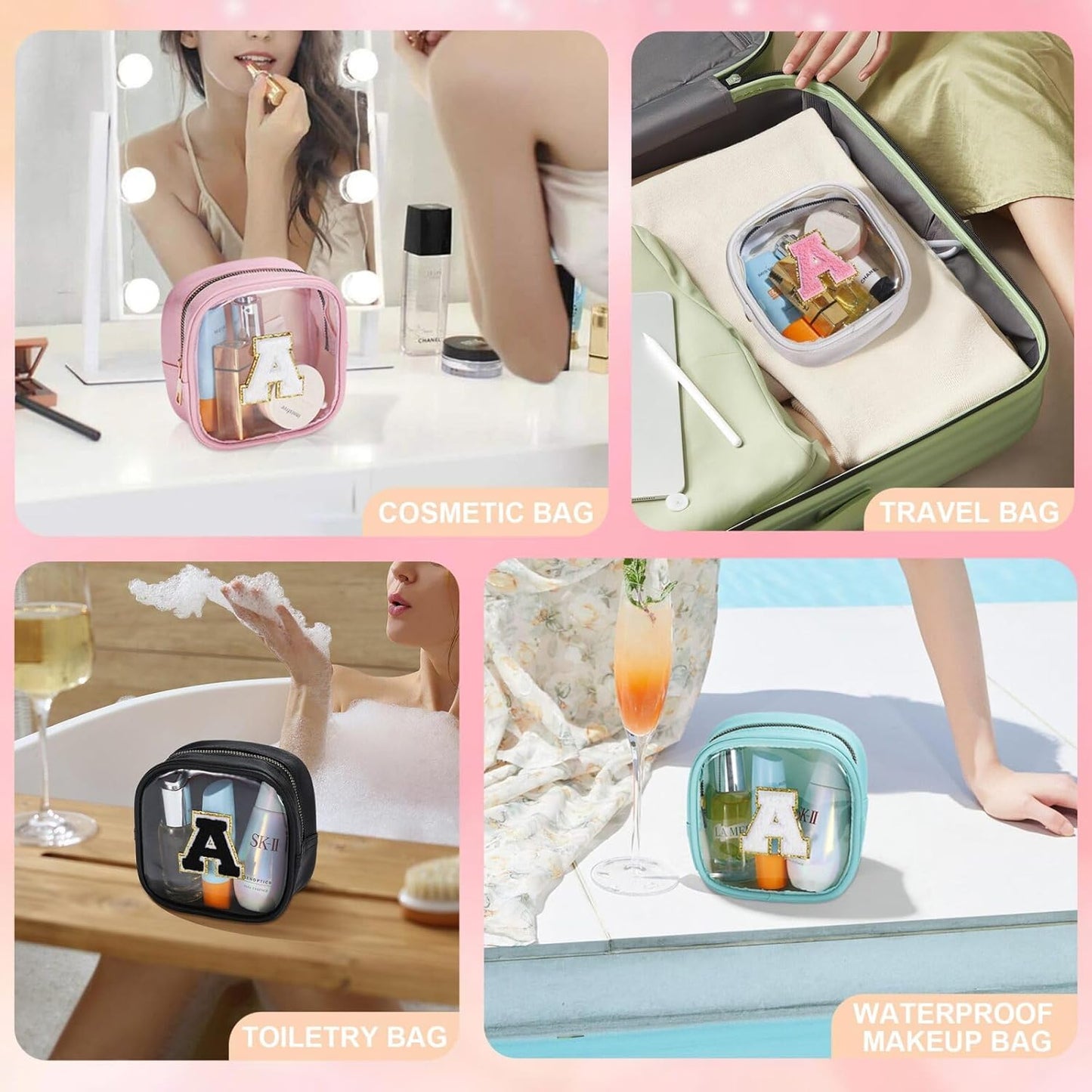 YOOLIFE Birthday Gifts Mini Initial Makeup Bag Travel Toiletry Bag, Clear Makeup Bag Car Accessories For Women Clear Makeup Bags With Zipper Girlfriend Teacher Girl Gifts Mini Graduation Gifts Black S