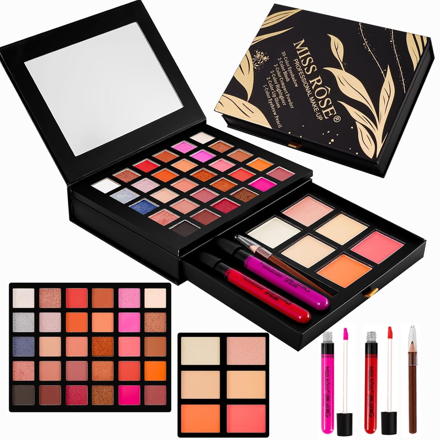 All in One Makeup Kit,Makeup Palette Includes 30 Color Eyeshadow, 2 Color Highlighter，2 Color Pressed Powder，2 Color Blusher，2 Pcs lip gloss，1 Pcs Eyepencil, Mirror,Makeup Gift Set for Women (017Y)
