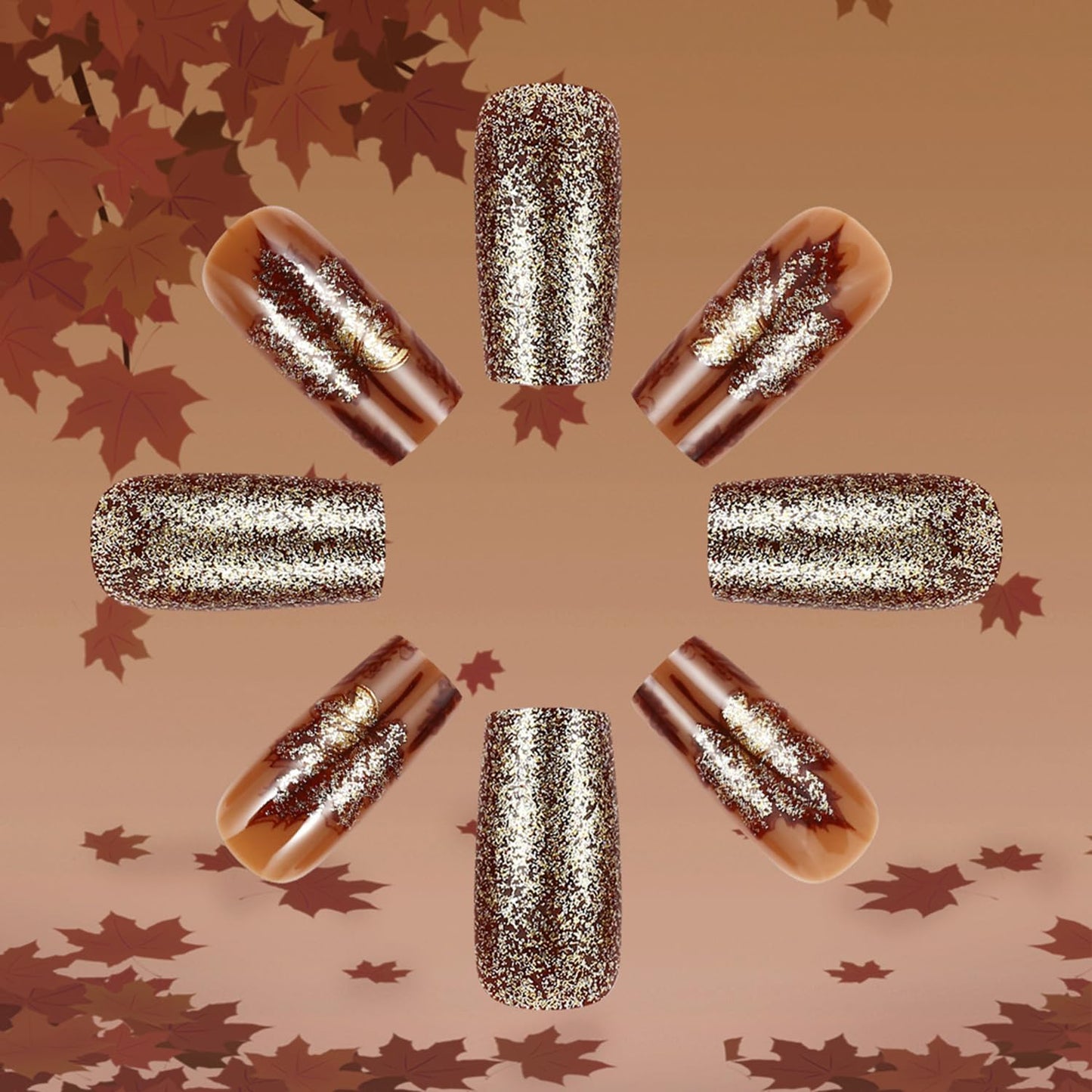 Vintage Thanksgiving Press on Nails Fall Glitter Maple Leaves Fake Nails Long Square Acrylic Glue on Nail Matte Autumn Maple Leaf Stick on Nail for Women DIY Manicure