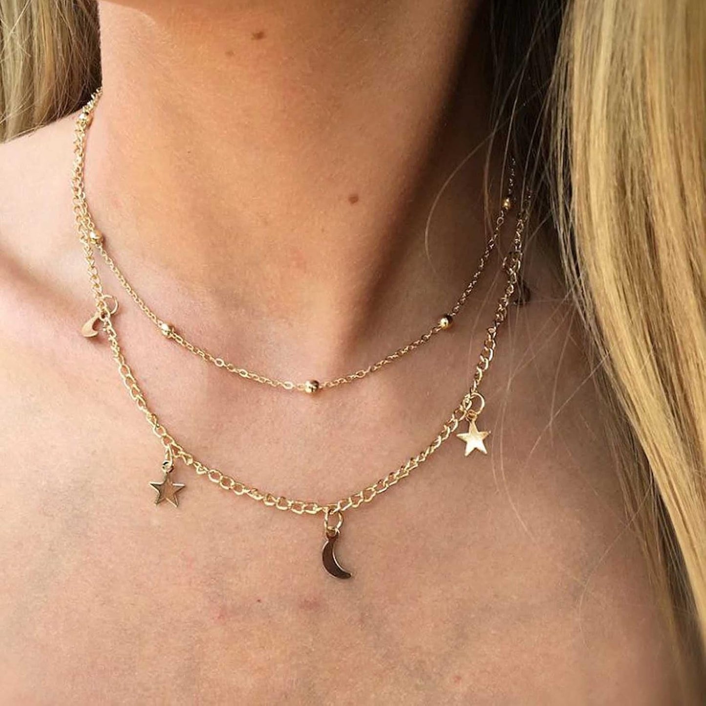 Boho Star Moon Necklace Choker Gold Layered Star Choker Necklace Crescent Moon Necklace Celestial Necklace Chain Festival Jewelry for Women and Girls