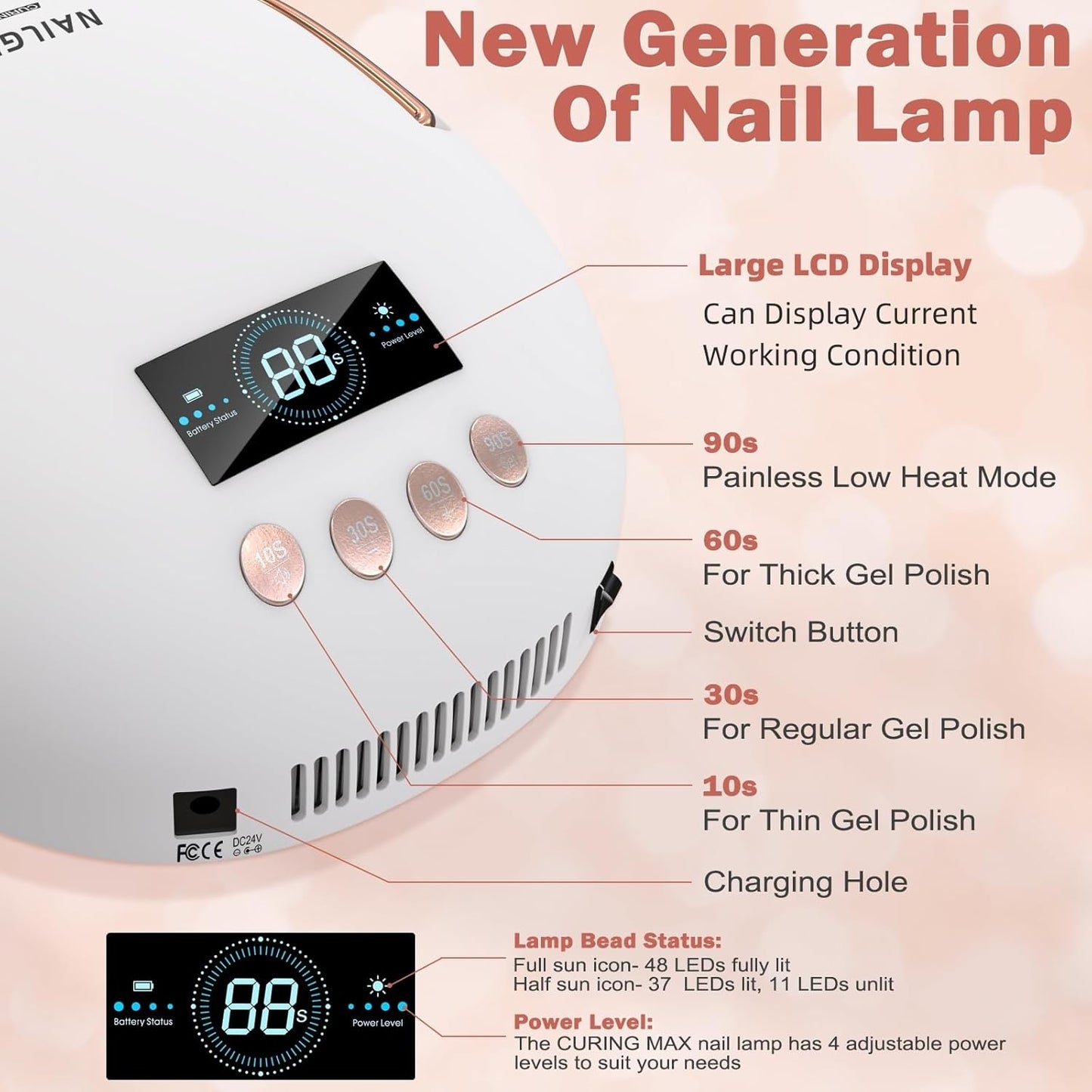 NAILGIRLS UV Nail Lamp, Cordless Nail Lamp 80W Rechargeable Nail Dryer Gel Polish Light, Intelligent Auto Sensor LCD Display UV Light with 4 Timer Setting, Fast Dry Curing Lamp for Professional Salon