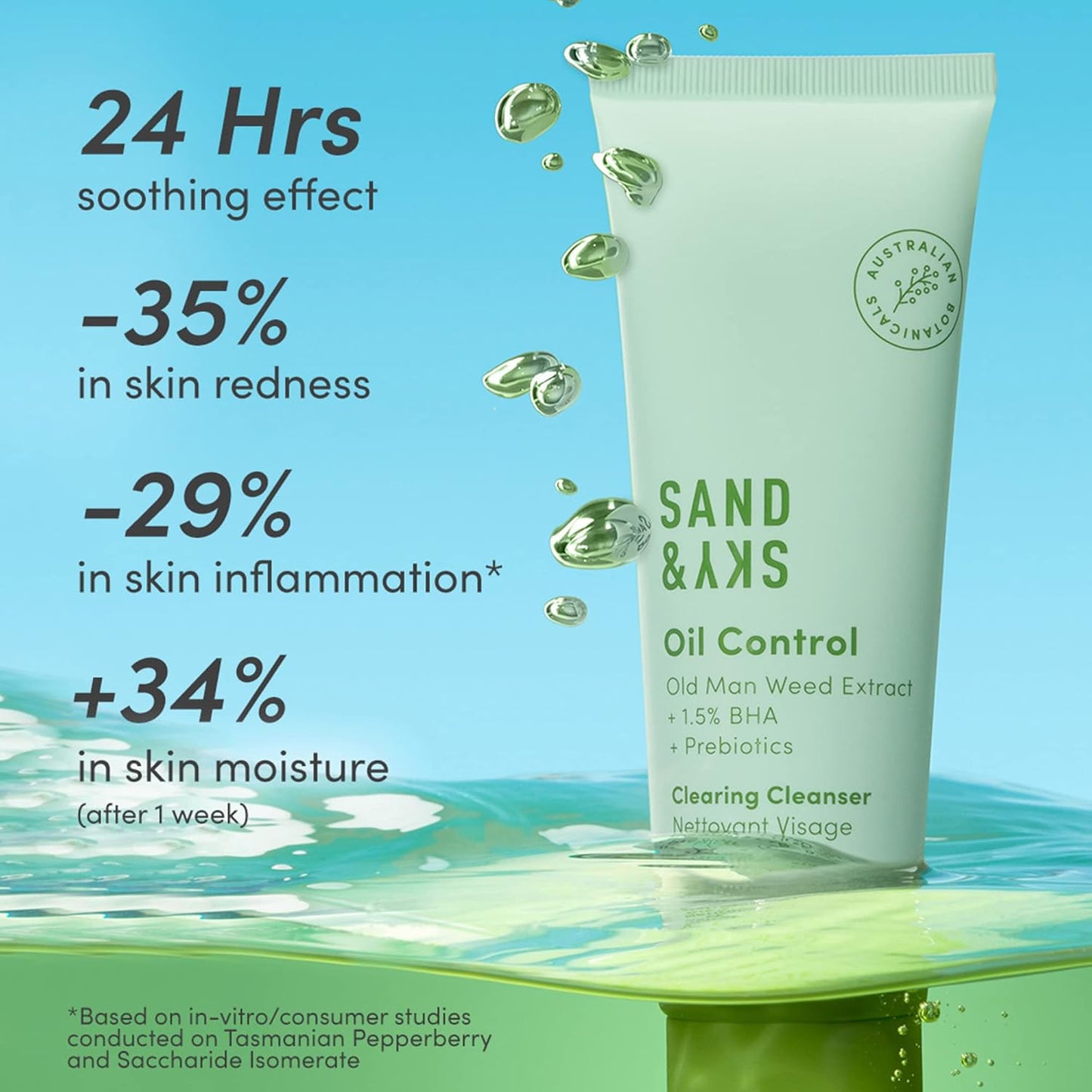 Sand & Sky Oil Control Gentle Face Cleanser with AHA & BHA - pH-Balanced Blemish Cleanser, Reduces Redness, For Oily Skin & Breakouts, 4.2 fl oz