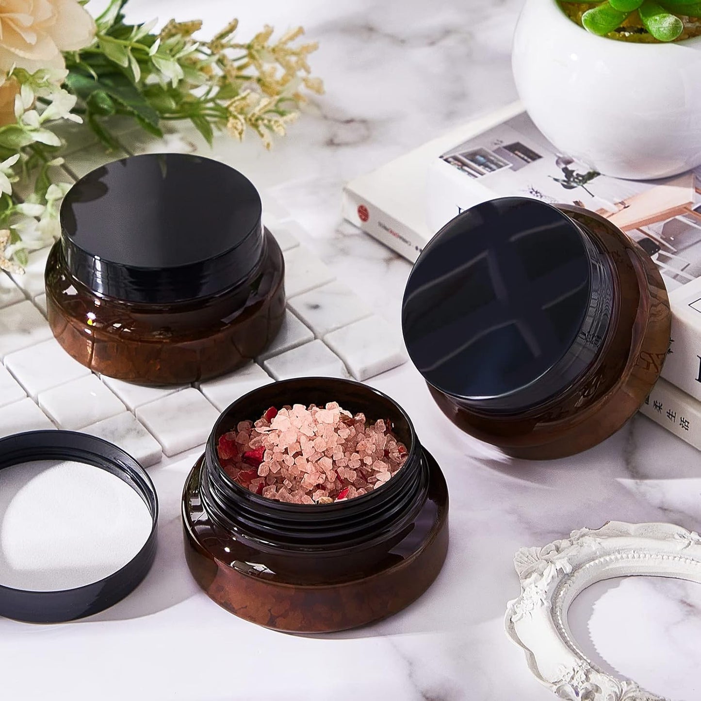 Tessco 48 Pcs Plastic Jars with Lids and Labels Body Scrub Jars Round Refillable Cosmetic Containers Empty Butter Travel Containers for Sugar Scrub Lotions Cosmetics Cream(5 oz,Brown)