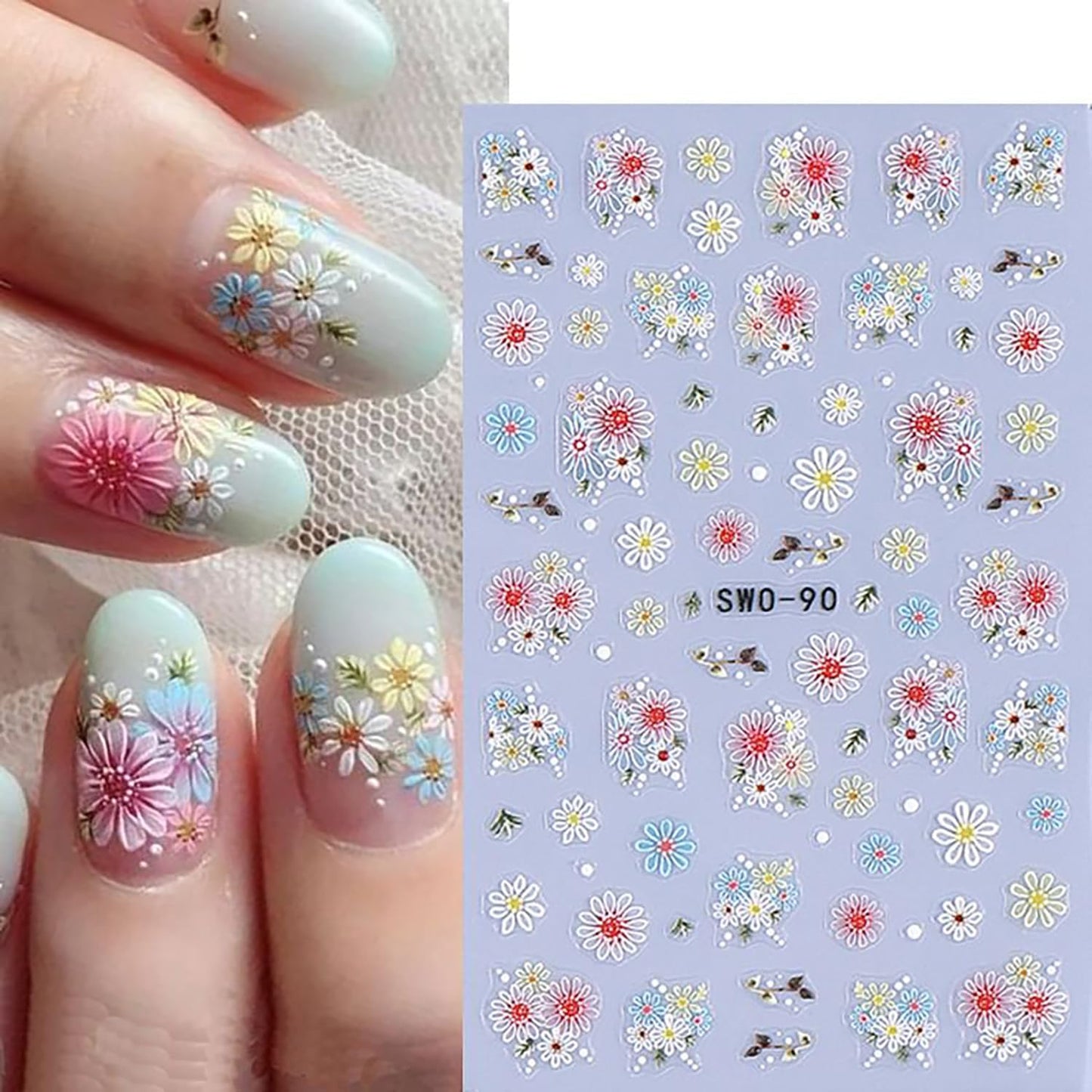4 Sheets Flower Nail Art Stickers 3D Self-Adhesive Blossom Nails Sticker Spring Nail Art Decals Holographic Daisy Nails Decal Decoration for Women Colorful Flowers Manicure DIY Nail Supplies