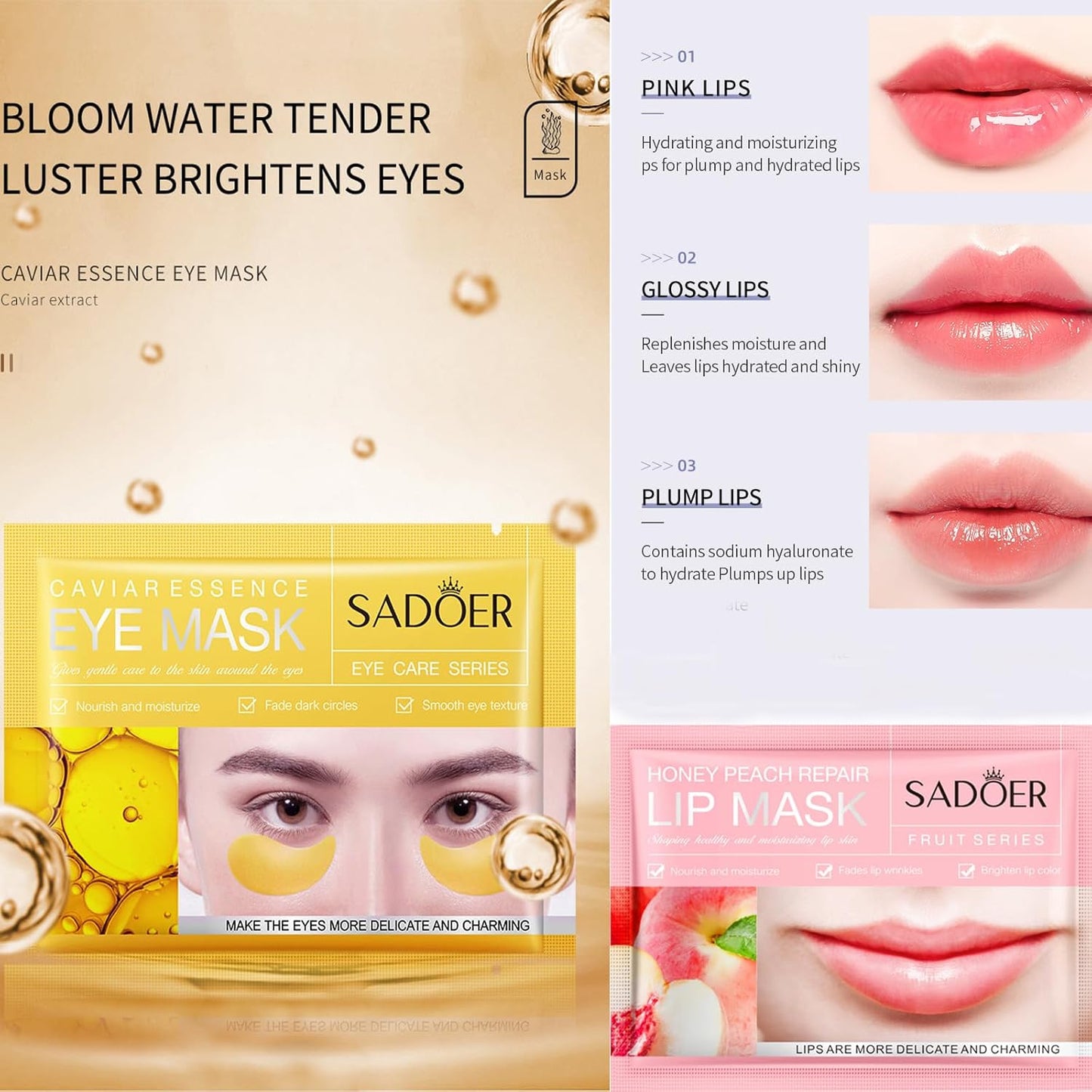 MEICOLY 30 Pads Eye and Lip Masks Sheet,Moisturizing Caviar Under Eye Mask,Hydrating Peach Lip Masks,Crystal Anti-Aging Eye Patches Dark Circle Remover with Box,15 Eye Mask+15 Lip Mask