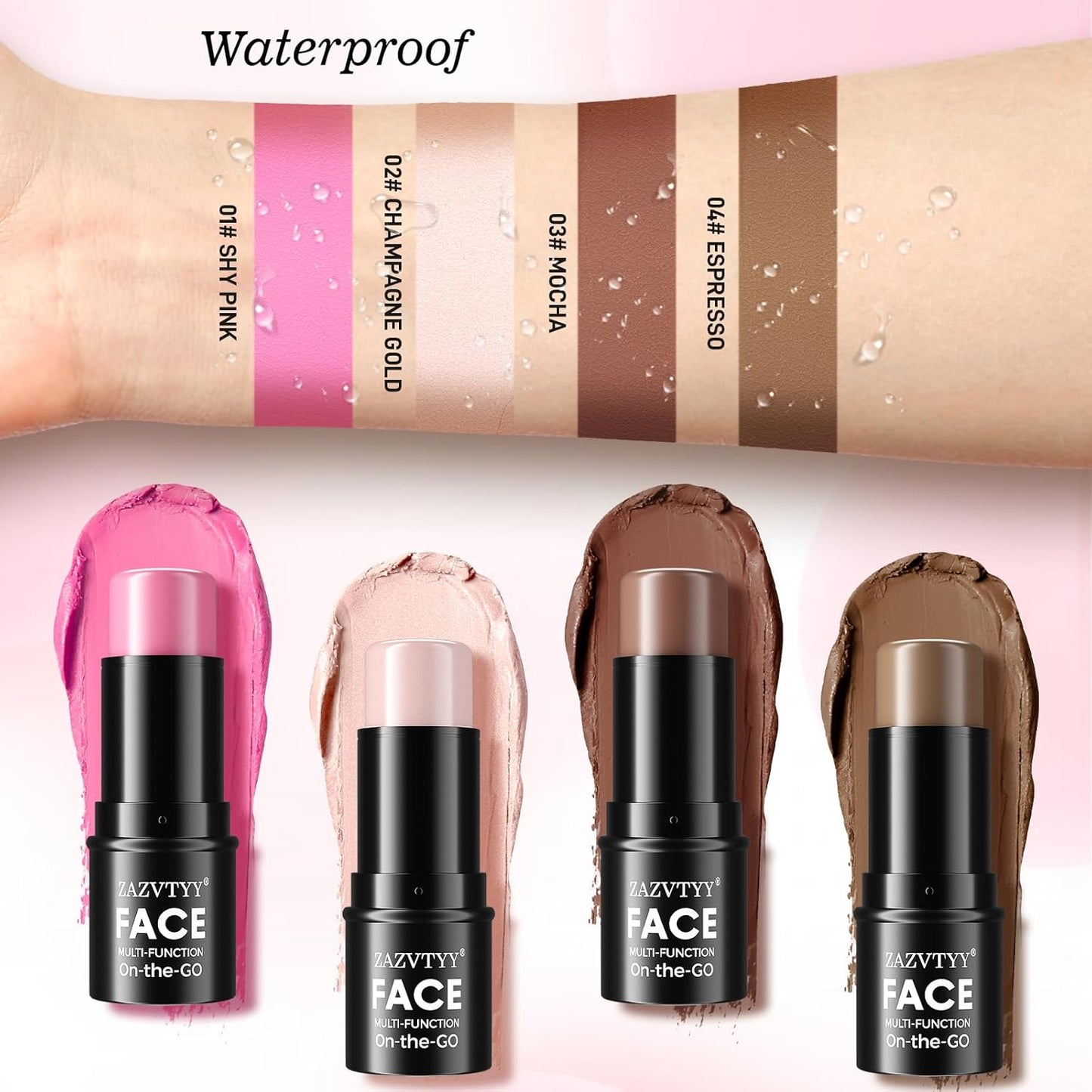 3Pcs Cream Contour Stick Makeup Kit,Shades with Highlighter Stick,Blush Stick and Bronzer Contour Stick for Sculpt the Cheeks,Long Lasting,Waterproof,Matte & Dewy Finish (Medium, 01# 02# 04#)