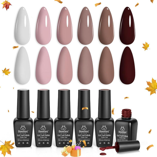 Beetles Fall Gel Nail Polish Set Brown Beige Mauve Pink Nude White Neutral 6 Colors Gel Polish Kit for Nail Art Manicure Soak Off Uv LED Nail Lamp Needed Gifts for Women Coffee Time