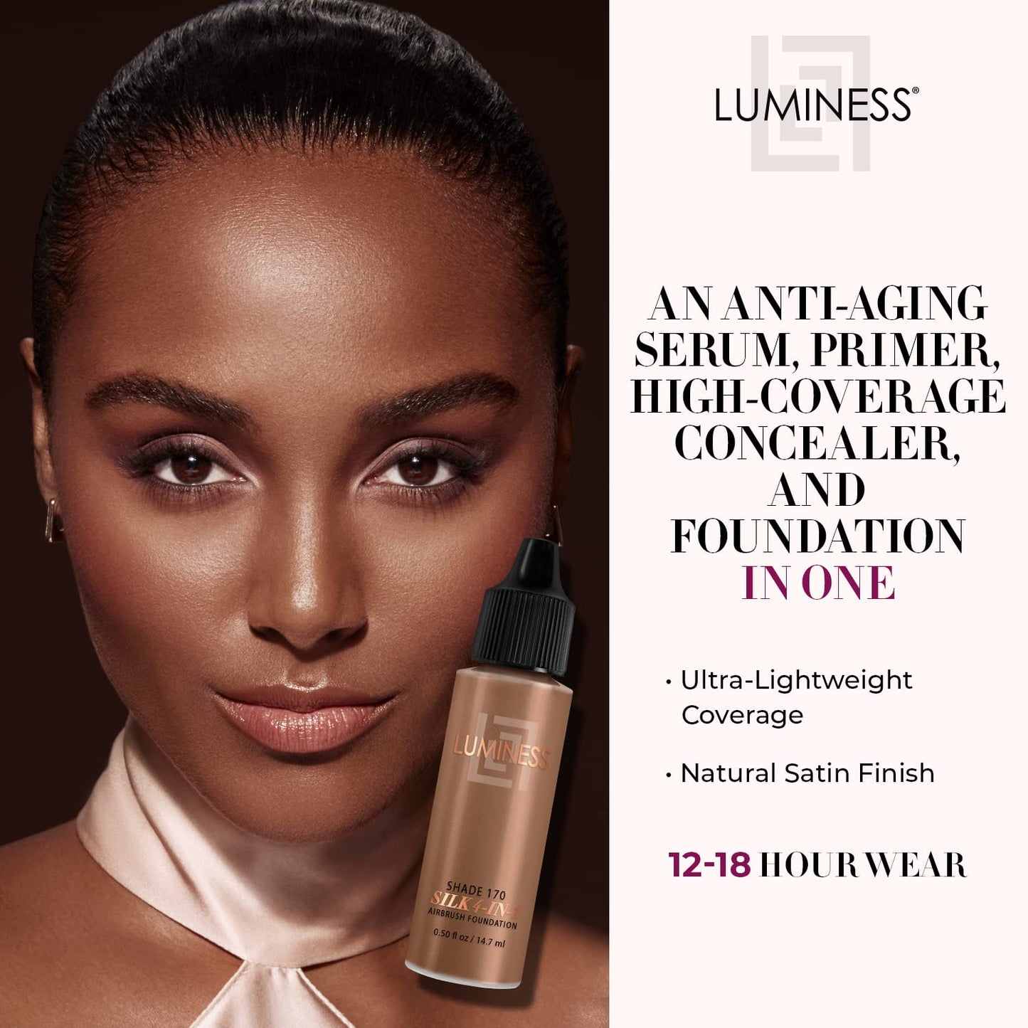 Luminess Air Silk 4-In-1 Airbrush Foundation- Foundation, Shade 170 (.5 Fl Oz) - Sheer to Medium Coverage - Anti-Aging Formula Hydrates and Moisturizes - Professional Makeup Kit for Cordless Air Brush
