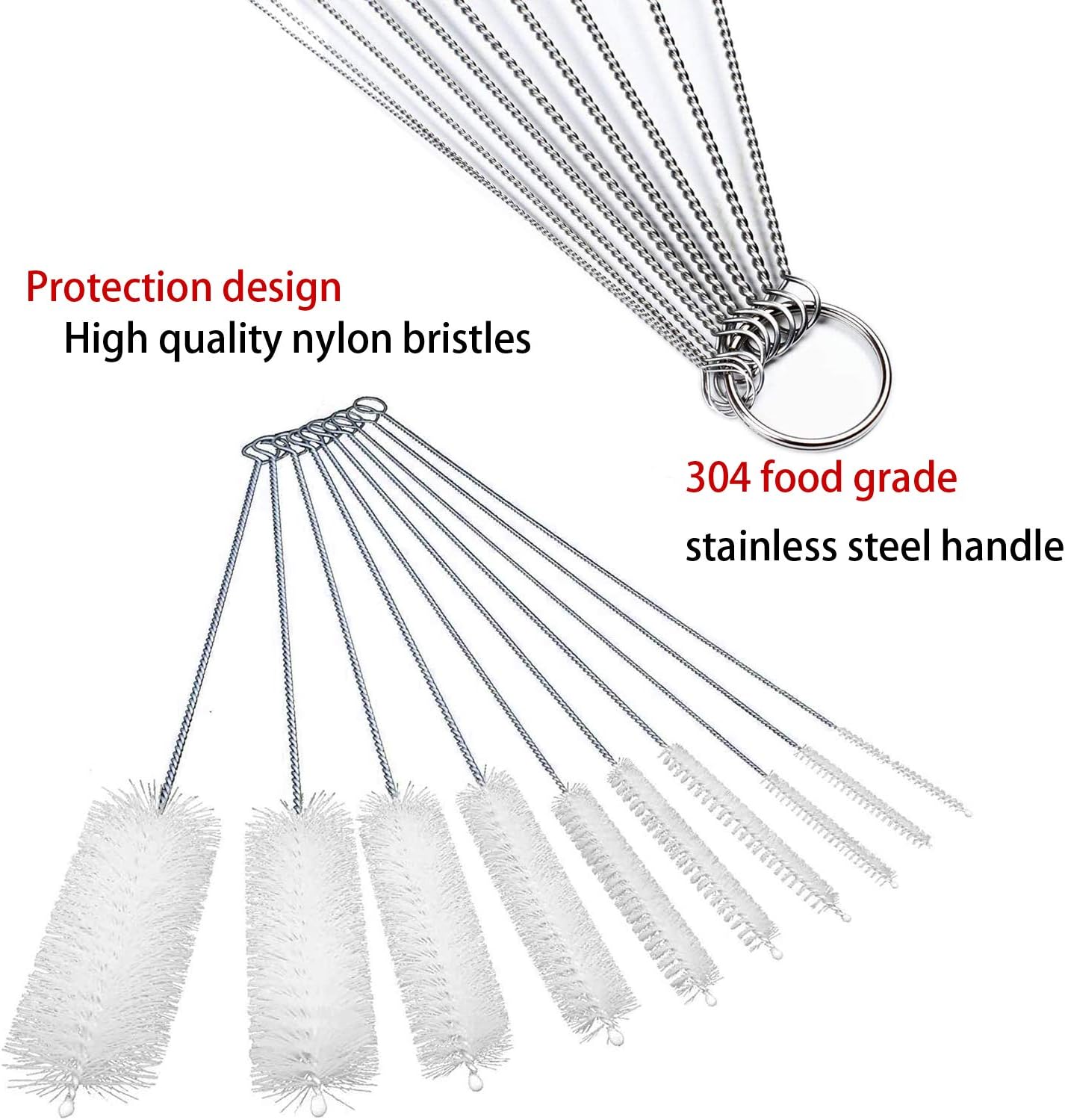 Long Straw Brush, Nylon Pipe Tube Cleaner 8-ihch 10 Different Diameters Set of 10