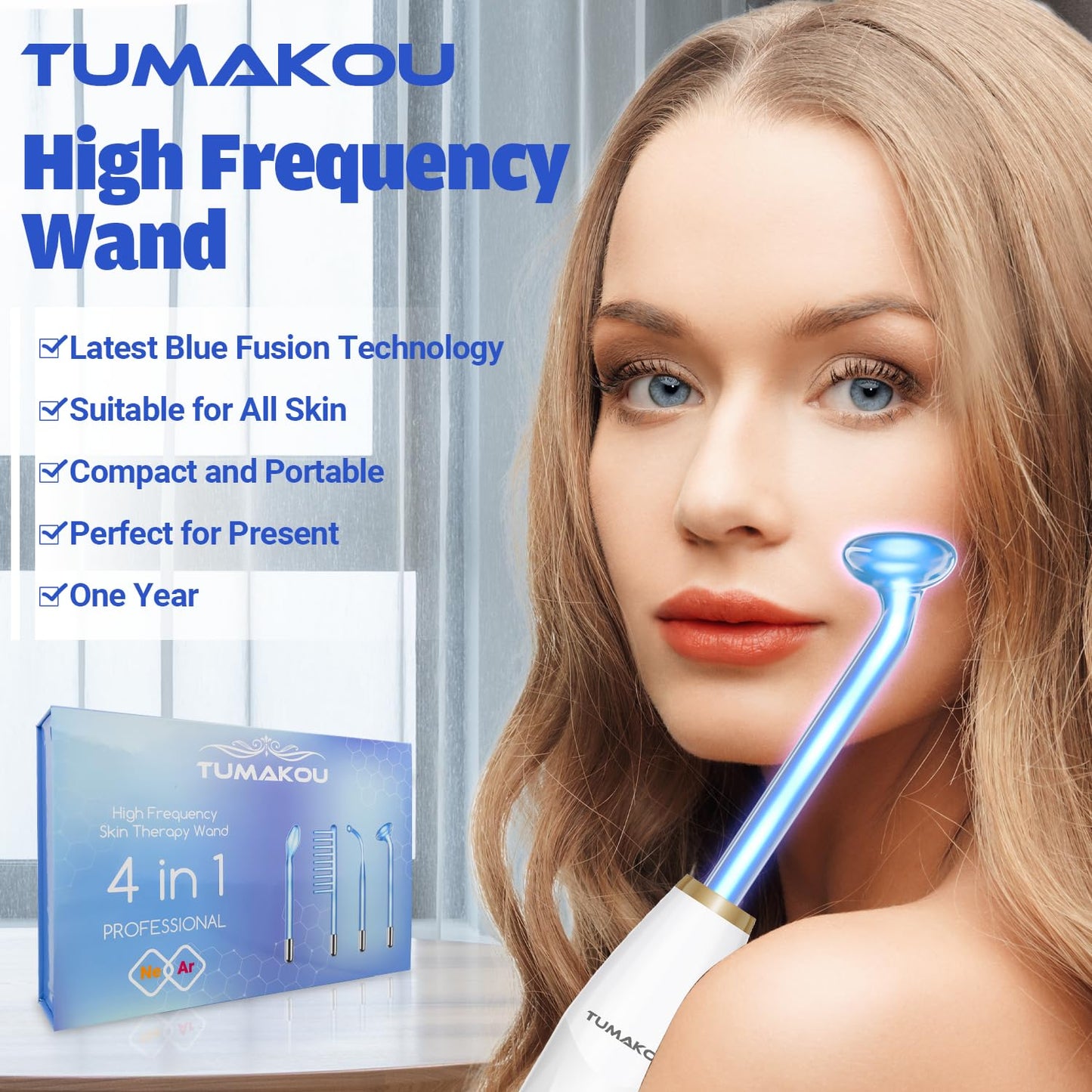 High Frequency Facial Device - TUMAKOU Blue High Frequency Facial Wand - Portable High Frequency Machine with 4 Fusion Neon + Argon Wands