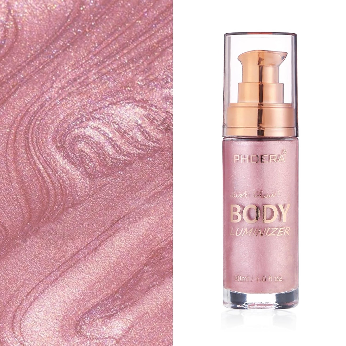 Body Shimmer Oil, Sparkle Pink Natural Glow Luminizer, Long Lasting Waterproof Moisturizing Liquid Illuminator Highlighter Makeup for a Sun-Kissed Glow, Brush Include, 1oz, Fair