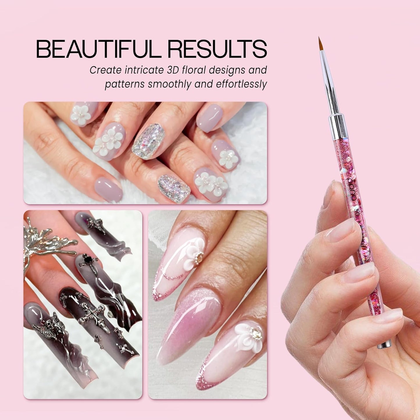 PANA 3D Kolinsky Nail Art Brush - Pink Glitter Handle, Size 2 - Acrylic Nail Art Sculpture Brush for Manicures Pedicure Salon Professional or Beginner