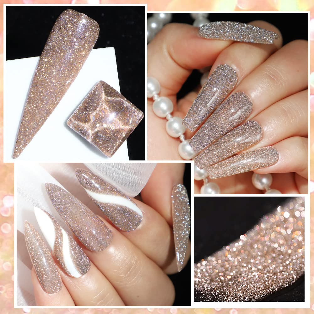 MIZHSE Reflective Gold Glitter Gel Nail Polish, Sparkly Shiny Gel Polish, Glossy Finish Nail Gel Soak Off Nail Art Salon Varnish Manicure for Beginners DIY at Home Popular Color