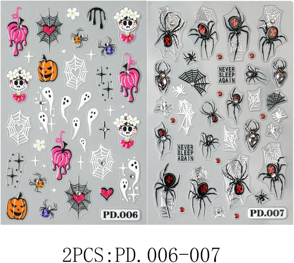 2Pcs Halloween Nail Stickers 5D Embossed Self Adhesive Day of The Dead Nail Decals with Cute Ghost Design Spider Web Pumpkin Nail Art Stickers Halloween Nail Supplies Nail Art Decoration for Women