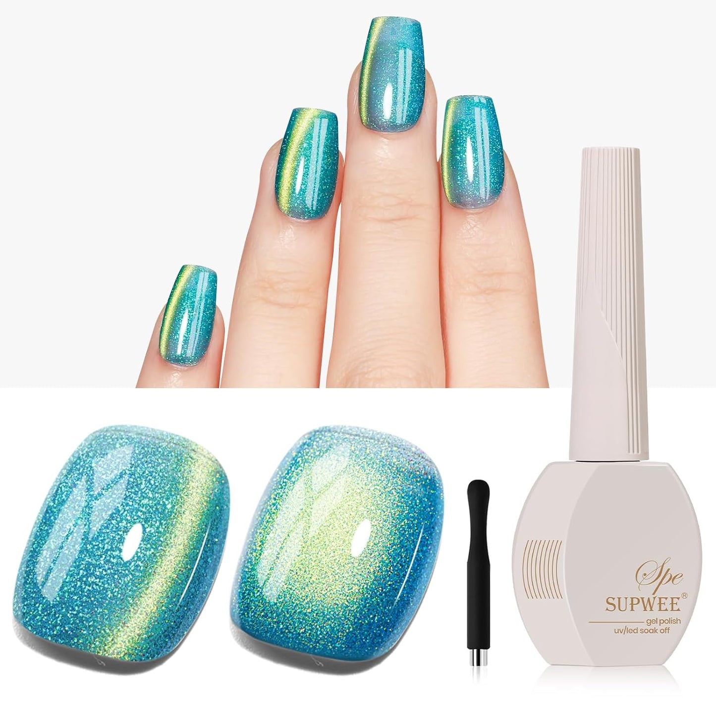 Green Cat Eye Gel Nail Polish 9D Magnetic Holographic CatEye Gel Polish Glitter Shimmer Reflective Effect with Magnet Soak Off Salon DIY at Home