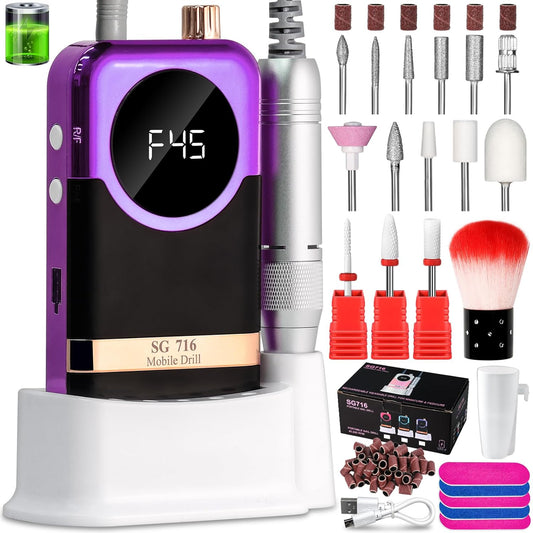 Electric Nail Drill Professional Kit - 45000RPM Electric Nail File Efile Portable Nail Drill Cordless with Bits & Base,E File Machine Nail Grinder for Women (Purple)