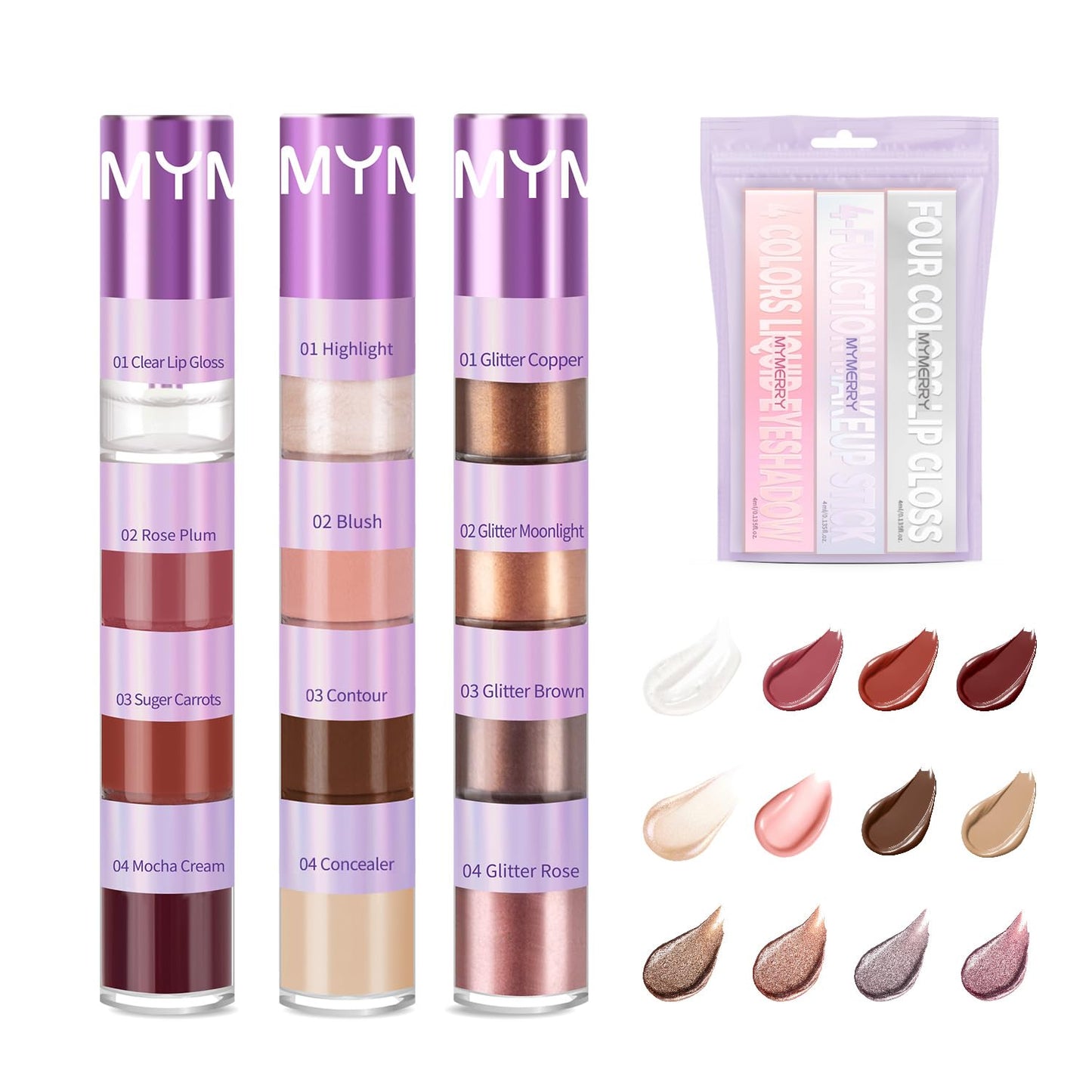 3 Pcs Cosmetic Sets 12 colors 4-Function cosmetic stick +Nonstick Raincoat Lip Gloss（3 colors+Clear Lip Gloss）+Liquid Eyeshadow in Four Colors Sets Waterproof