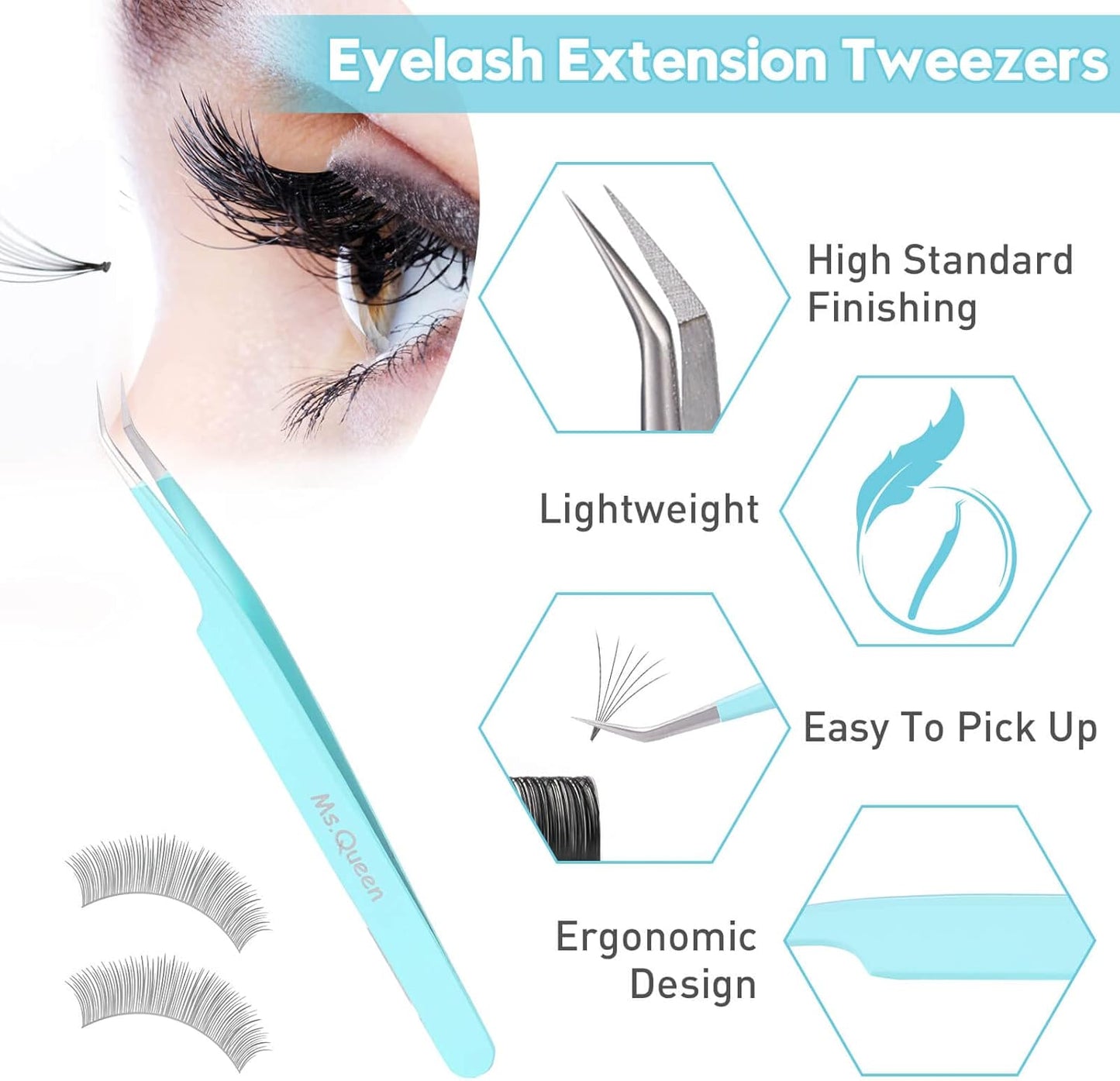 Ms.Queen Eyelash Extensions Tweezers,Professional Fiber Tip 45 Degree Lashing Tweezers for Volume Lash Extensions, Blue