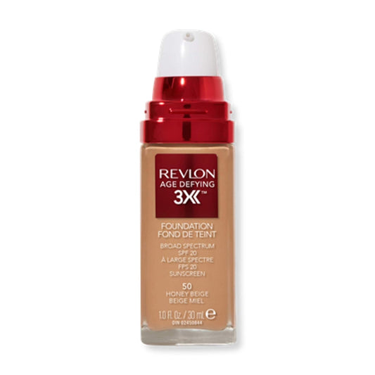 Revlon Liquid Foundation, Age Defying 3XFace Makeup, Anti-Aging and Firming Formula, SPF 30, Longwear Medium Buildable Coverage with Natural Finish, 050 Honey Beige, 1 Fl Oz